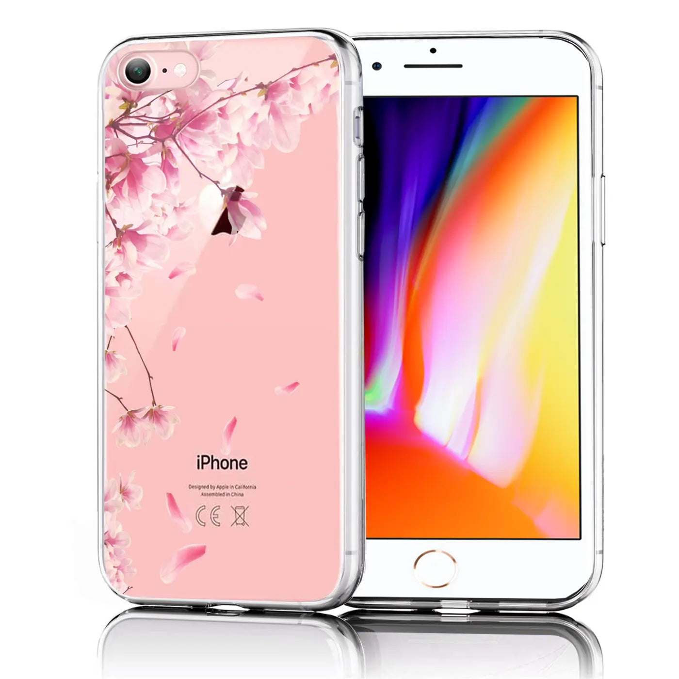 Transparente TPU-Hülle für iPhone 6/6S, Rückseite mit rosa Kirschblüten-Motiv, schräg von hinten links.