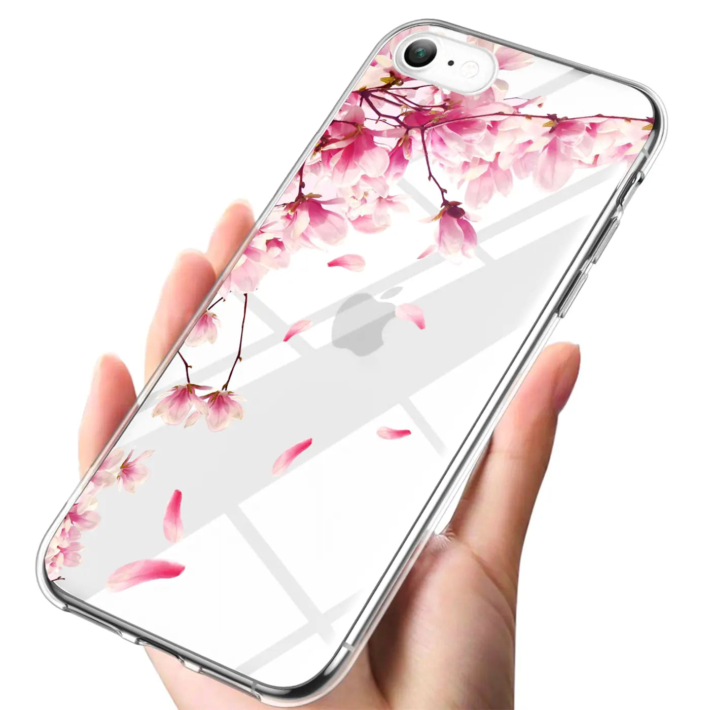 Hand gehaltenes iPhone 6/6S mit transparenter TPU-Hülle, bedruckt mit rosa Kirschblüten, schräg von oben.