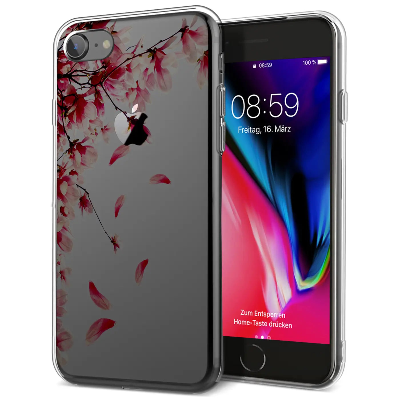 iPhone 6/6S mit transparenter TPU-Hülle, bedruckt mit rosa Kirschblütenzweig und fallenden Blütenblättern, schräg von oben.