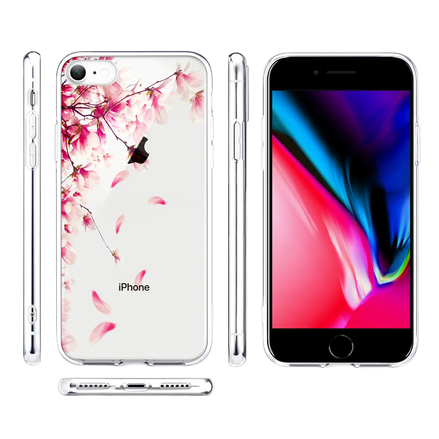 Transparente TPU-Hülle für iPhone 6/6S mit rosa Blütenzweig-Motiv, Ansichten von Rückseite, Seiten und Vorderseite.