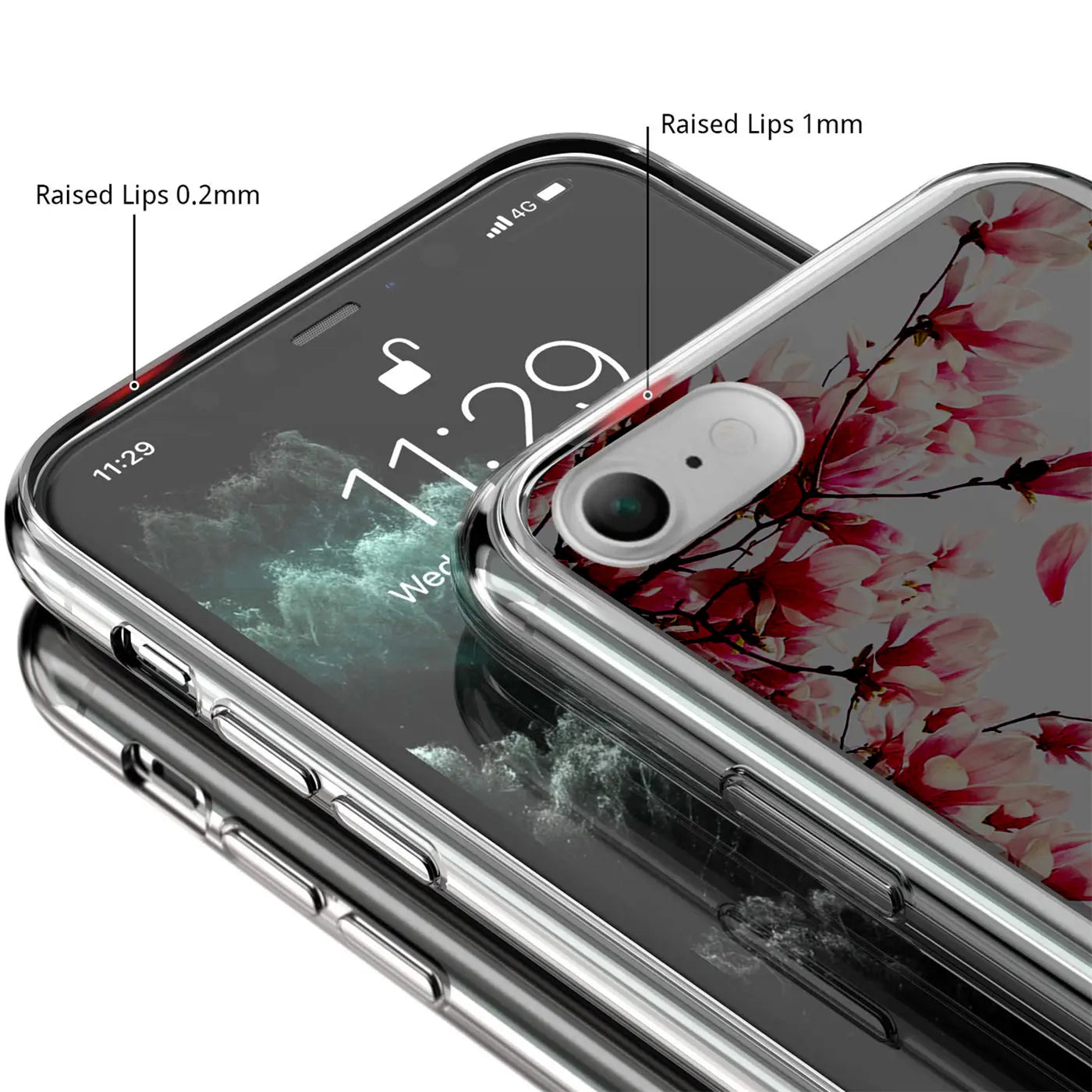 iPhone 6/6S in transparenter TPU-Hülle mit rotem Blumenmuster, schräg von oben, mit "Raised Lips" Beschriftung.