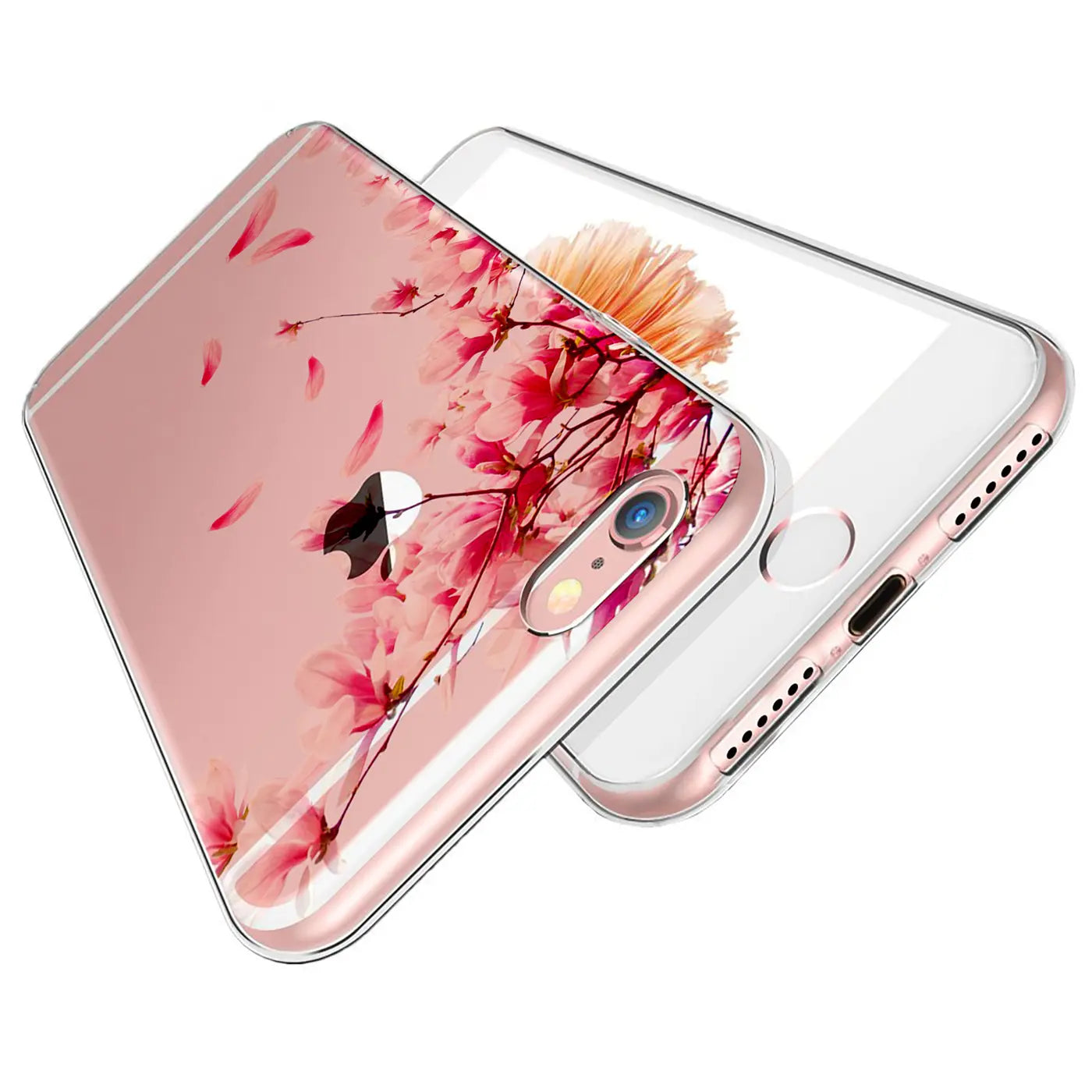 Roségoldenes iPhone 6/6S mit transparenter TPU-Hülle, bedruckt mit rosa Kirschblüten, schräg von oben.