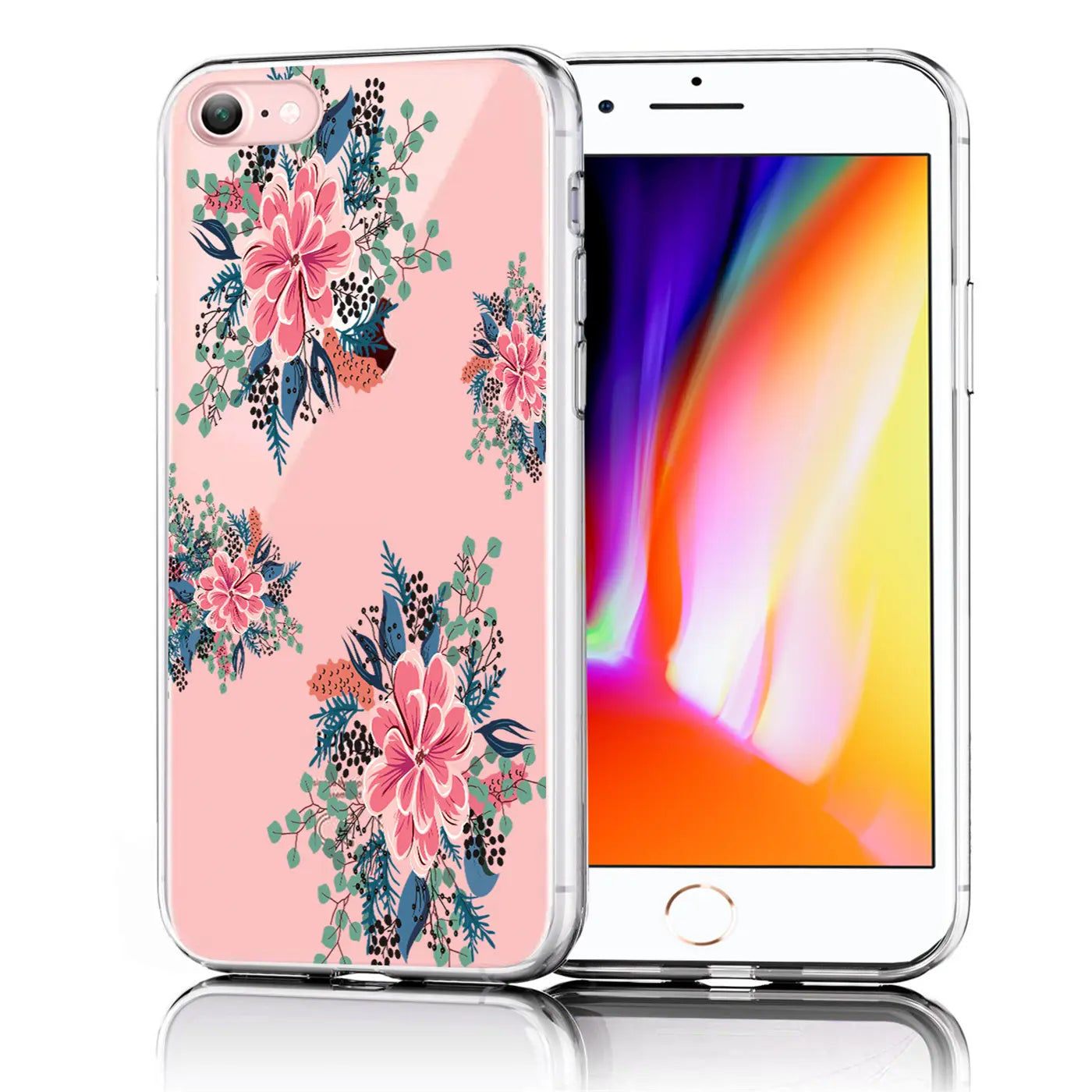 iPhone 7/8/SE 2/SE 3 mit transparenter TPU-Hülle, Rückseite rosa mit Blumenmuster, leicht schräg von vorn.