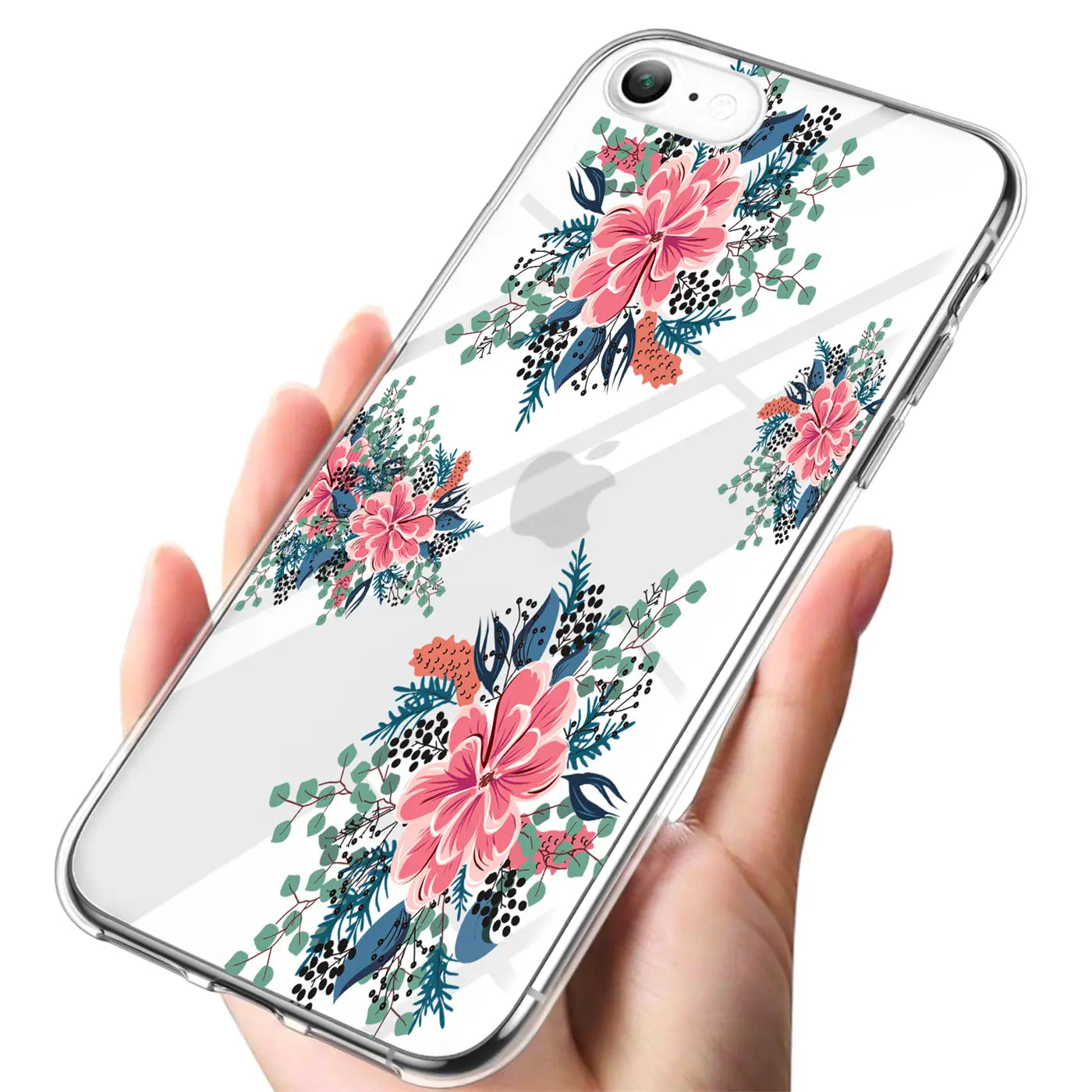 Hand hält transparentes iPhone 7/8/SE TPU-Case mit pink-grünem Blumenmuster, Rückseite schräg von oben.