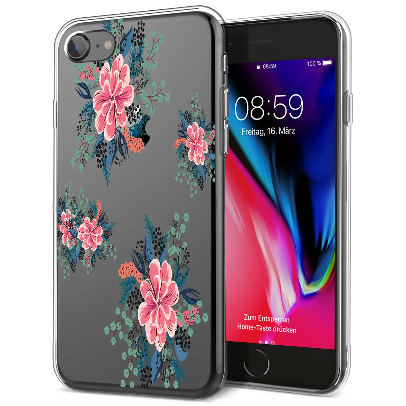 Transparentes iPhone 7/8/SE 2/SE 3 TPU-Case mit rosa Blumen- und grünen Blättermotiv, leicht schräg von vorne.