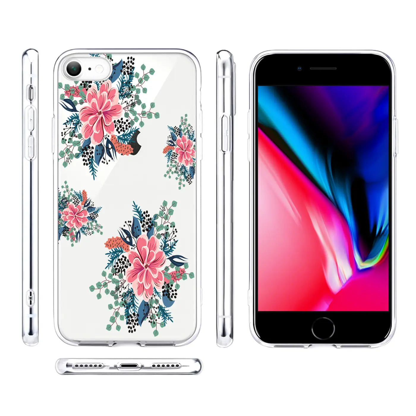 Transparente TPU-Hülle für iPhone 7/8/SE 2/SE 3 mit pinken Blüten und grünen Blättern, Vorder-, Rück- und Seitenansicht.