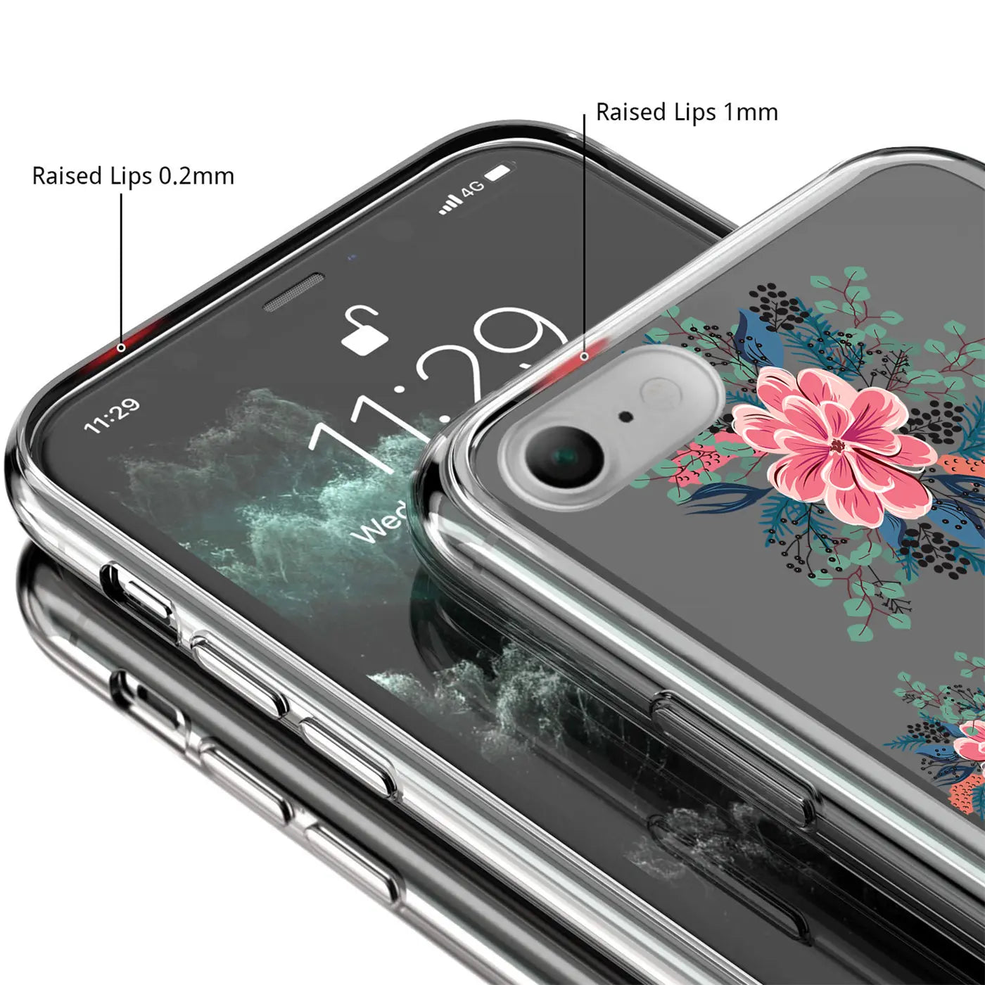 Transparente TPU-Hülle mit Blumenmotiv auf iPhone 7/8/SE 2/SE 3, schräg von oben, mit Schutzlippen-Hinweisen.