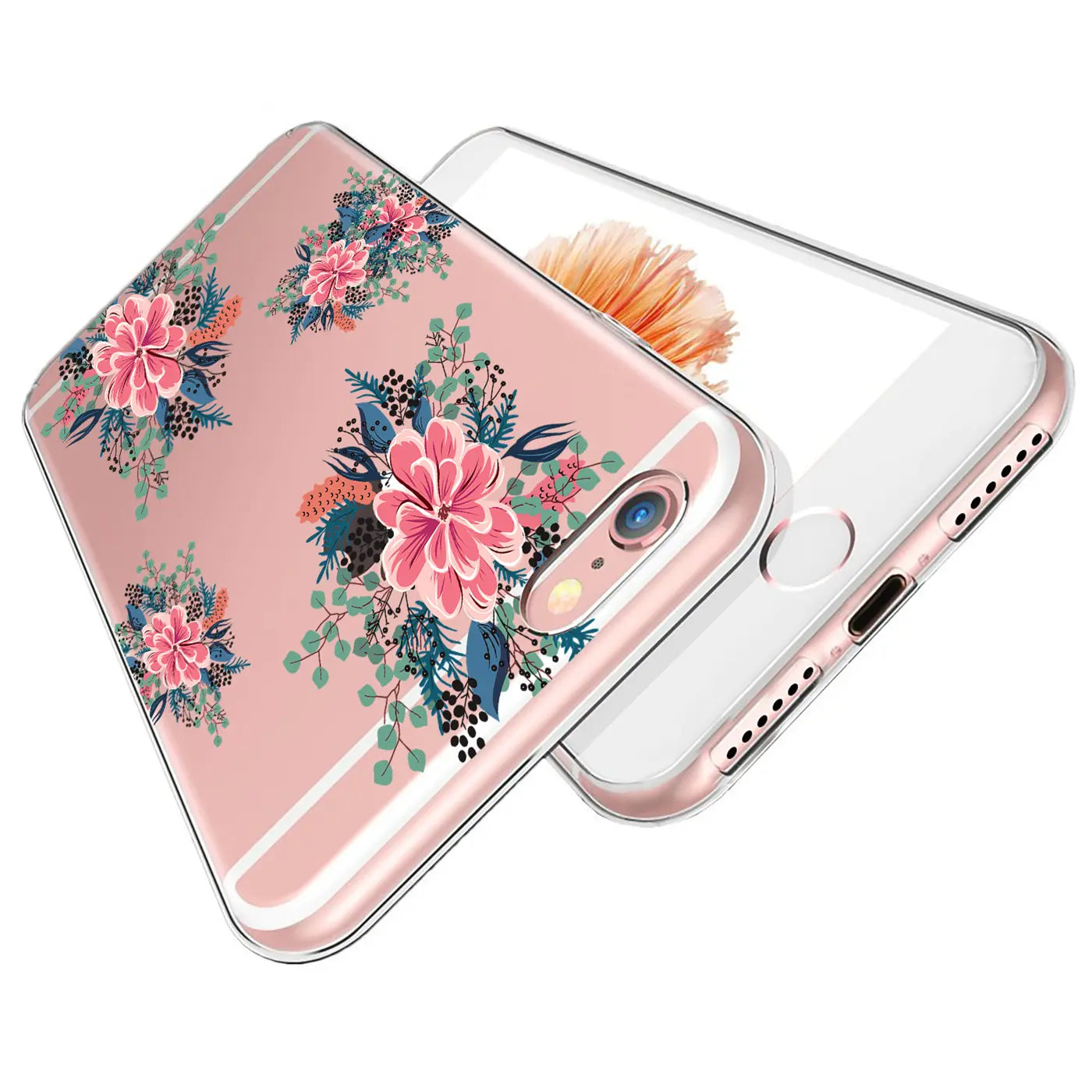Transparente TPU-Hülle für iPhone 7/8/SE 2/SE 3 mit floralem Motiv in Rosa, Grün und Blau, schräg von oben.