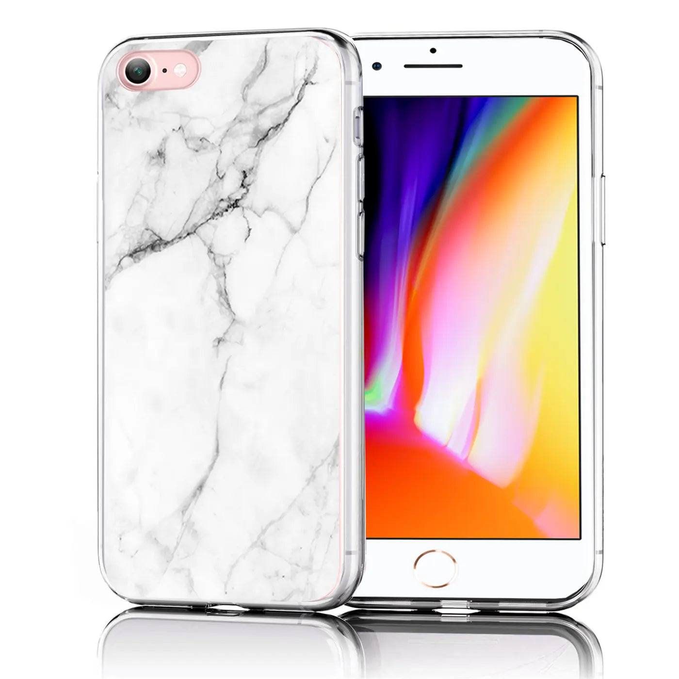 Weiß-graue TPU-Hülle mit Marmormuster, auf einem iPhone 7/8/SE 2/SE 3, leicht schräg von vorne rechts.