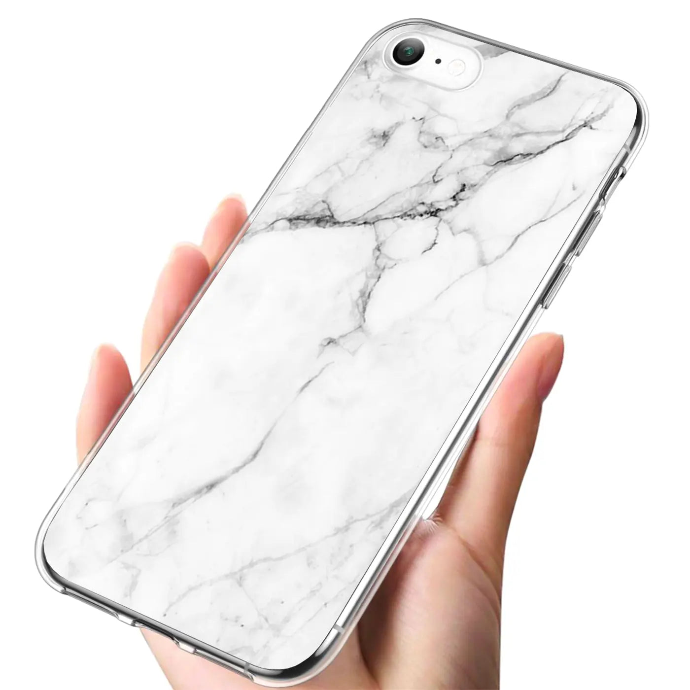 Hand hält iPhone 7/8/SE 2/3 mit weißer TPU-Hülle und schwarzem Marmor-Muster, leicht schräg von oben.
