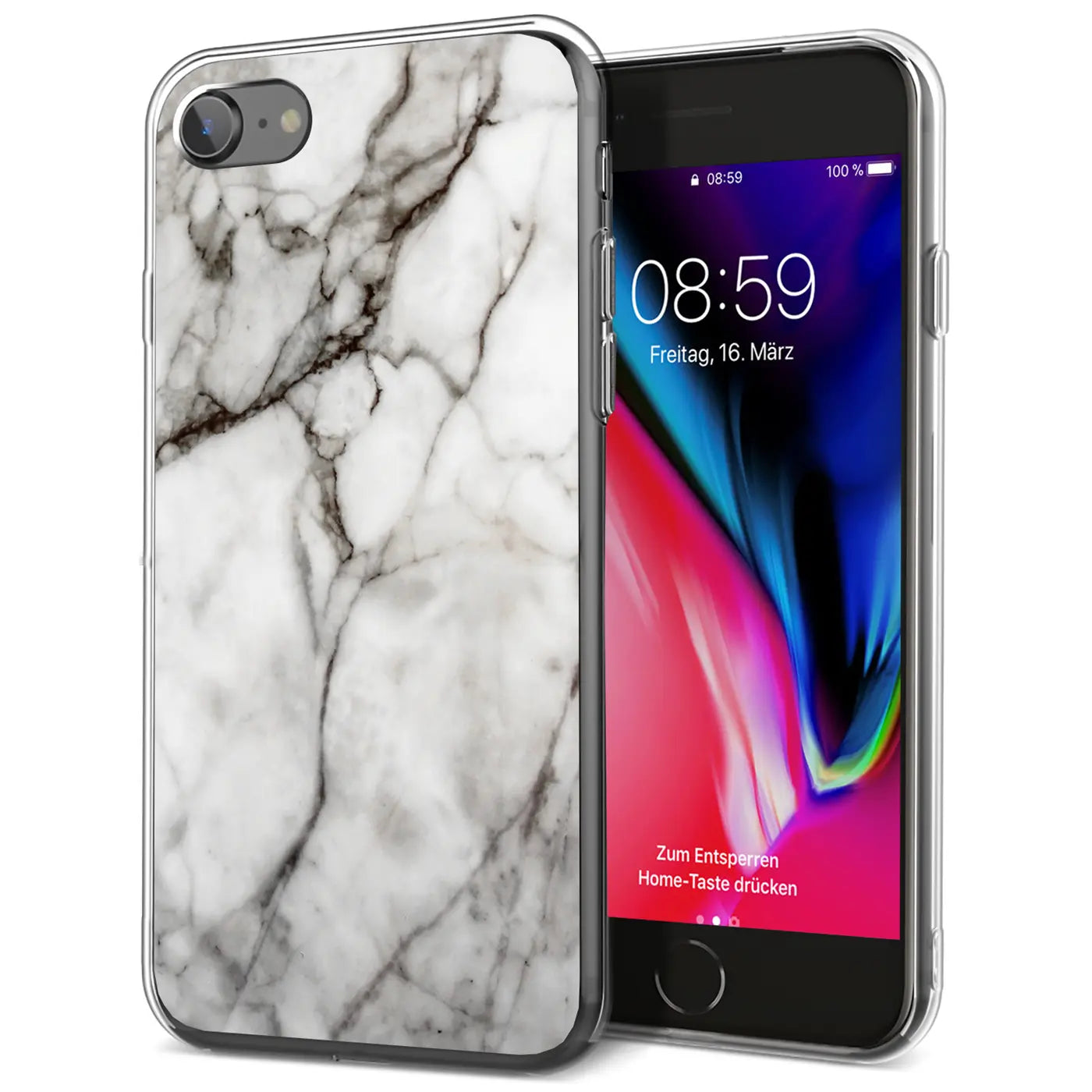 iPhone 7/8/SE 2/3 in transparenter TPU-Hülle mit weiß-grauem Marmor-Motivdruck, schräg von vorne rechts.