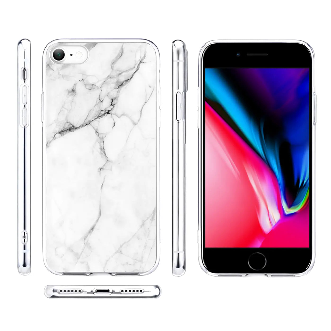 Transparente TPU-Hülle für iPhone 7/8/SE 2/SE 3 mit weißem Marmor-Motivdruck, von allen Seiten gezeigt.