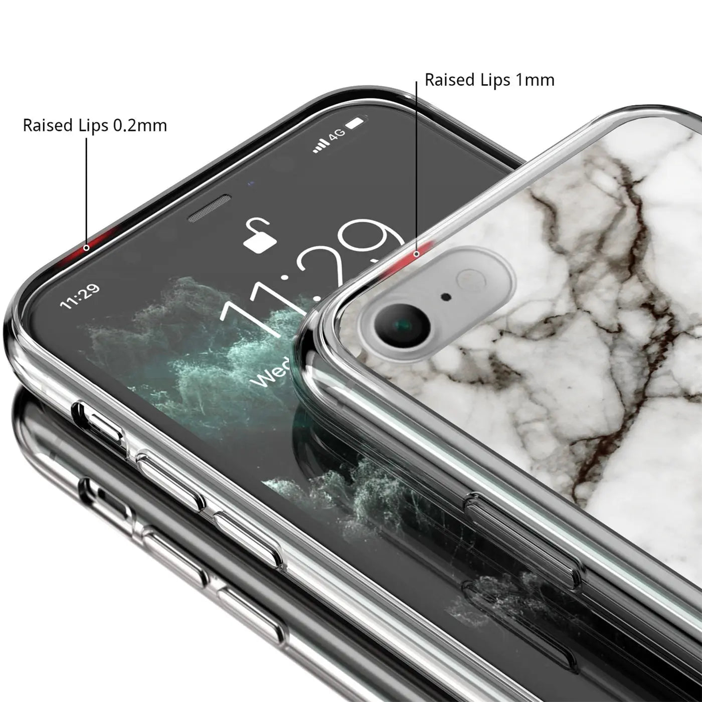 Transparente TPU-Hülle mit weiß-marmoriertem Motiv für ein iPhone 7/8/SE 2/SE 3, schräg von oben.