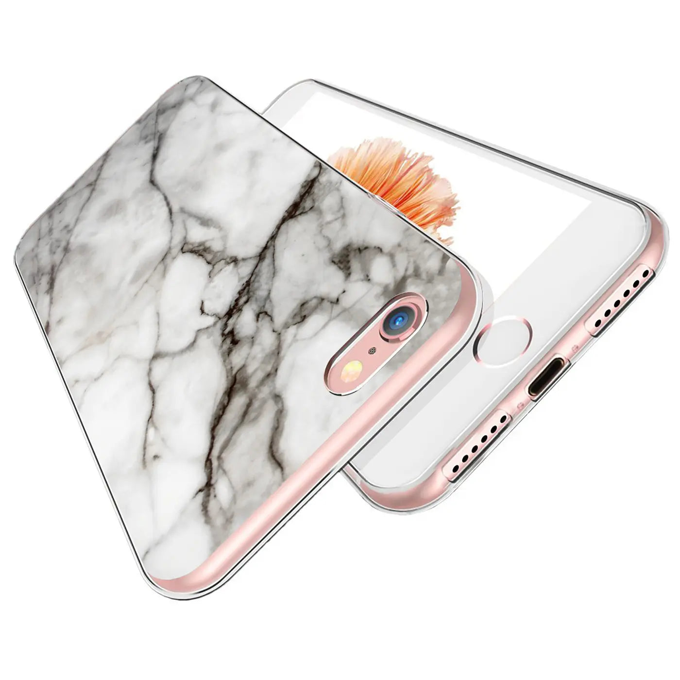 iPhone 7/8/SE 2/3 in transparenter TPU-Hülle mit weiß-grauem Marmor-Motivdruck, schräg von oben.