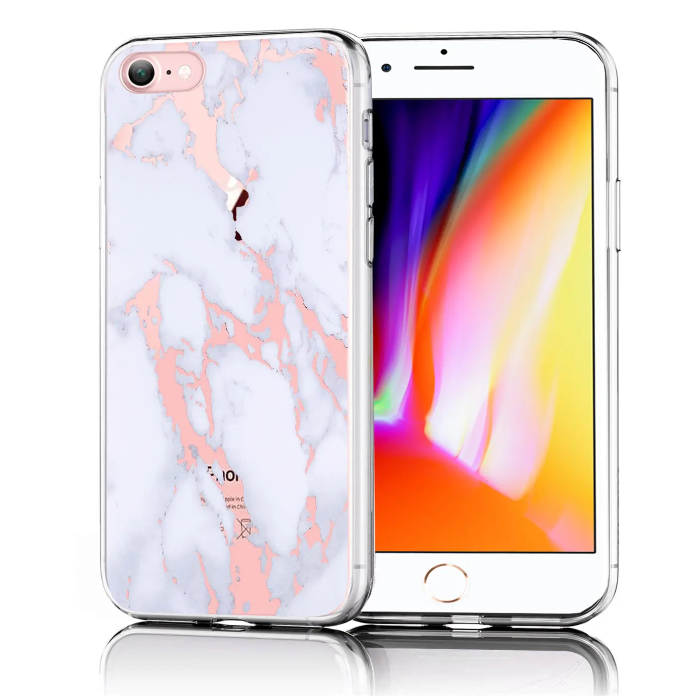 iPhone 6/6S in transparenter TPU-Hülle mit weiß-roségoldenem Marmor-Motivdruck, leicht schräg von hinten links.