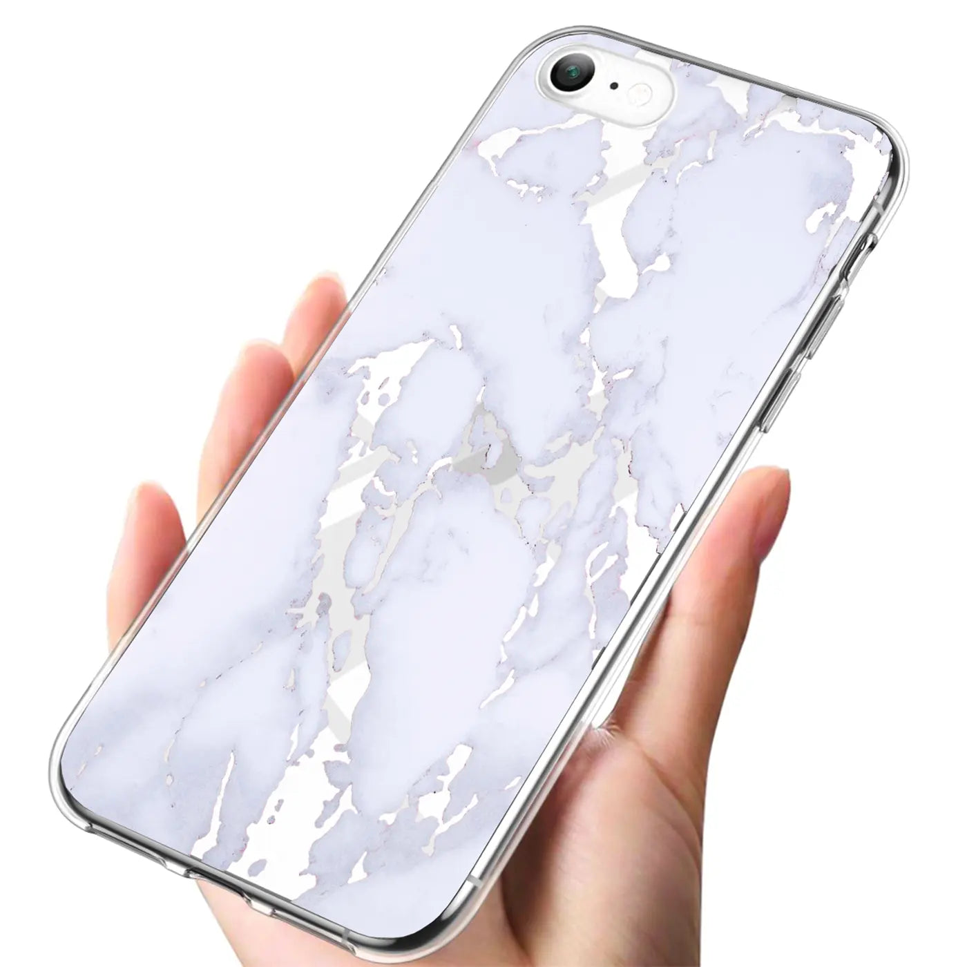 Hand hält ein iPhone 6s Plus/6 Plus mit transparenter TPU-Hülle und weiß-grauem Marmor-Motivdruck, schräg von oben.