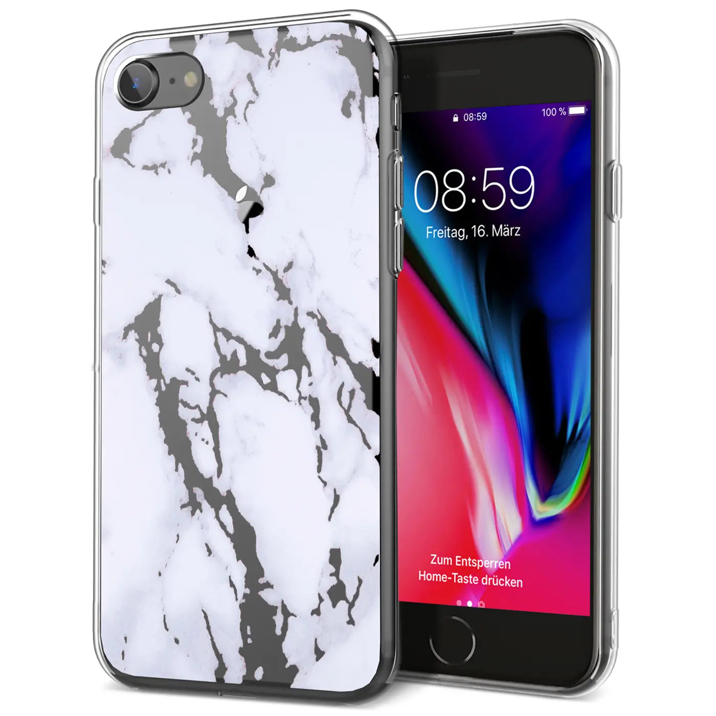 iPhone 6/6S in transparenter TPU-Hülle mit weiß-grauem Marmor-Motiv, schräg von vorne rechts.