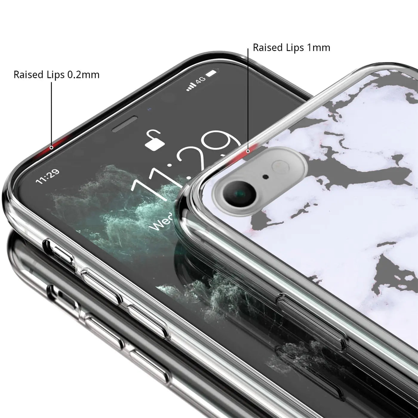 Nahaufnahme eines iPhone 6s Plus in einer transparenten TPU-Hülle mit weiß-grauem Marmormuster, schräg von oben.