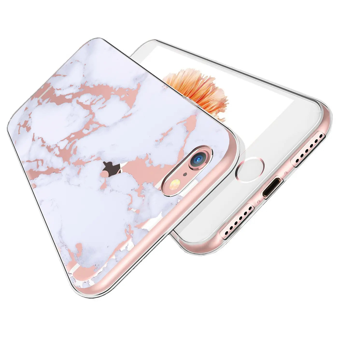 TPU-Hülle mit weiß-roségoldenem Marmormuster für iPhone 6s Plus / 6 Plus, schräg von oben.