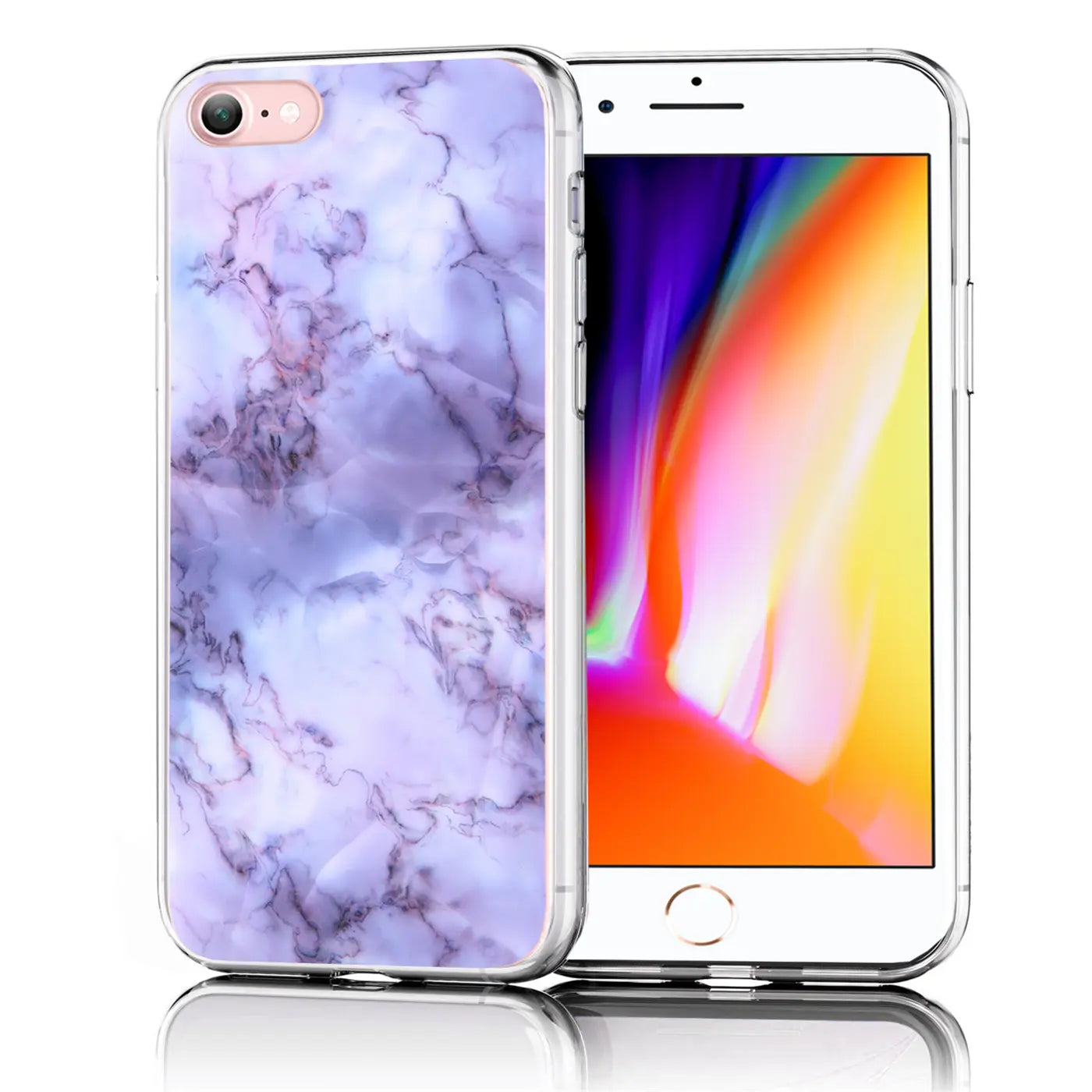 iPhone 7/8/SE 2/3 mit transparenter TPU-Hülle, Rückseite mit lila-weißem Marmormuster, leicht schräg von vorne.