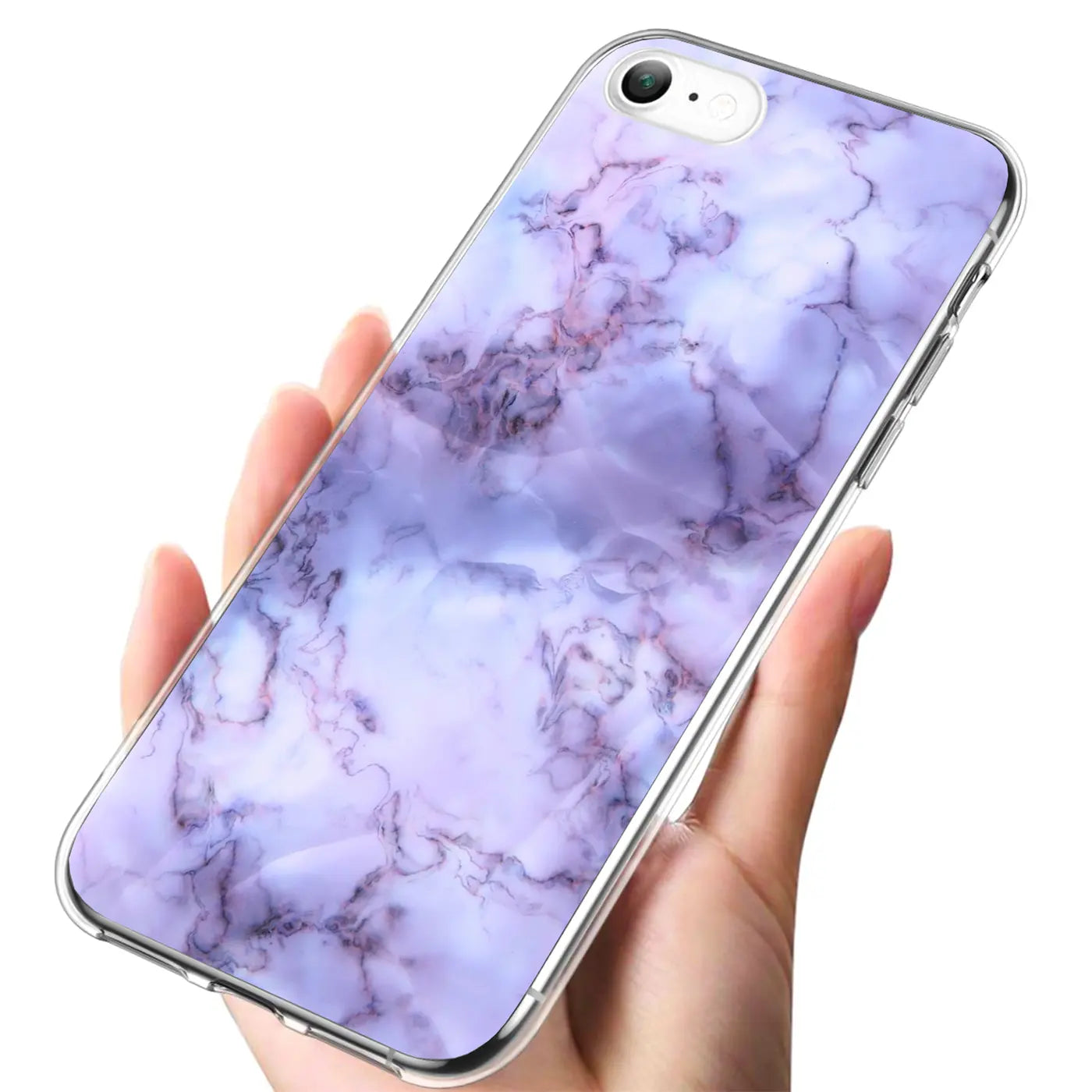 Hand hält ein iPhone 7/8/SE 2/SE 3 mit transparenter TPU-Hülle und lila Marmor-Motivdruck, schräg von oben.