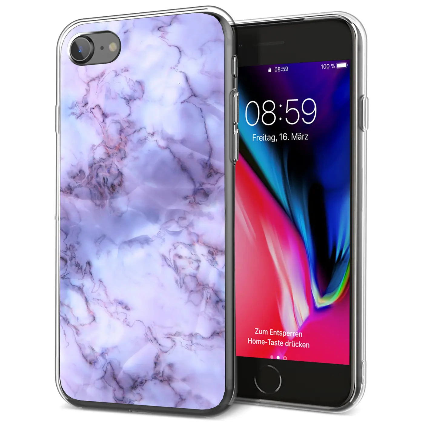 iPhone 7/8/SE 2/3 in transparenter TPU-Hülle mit lila-weißem Marmormuster, leicht schräg von vorne rechts.