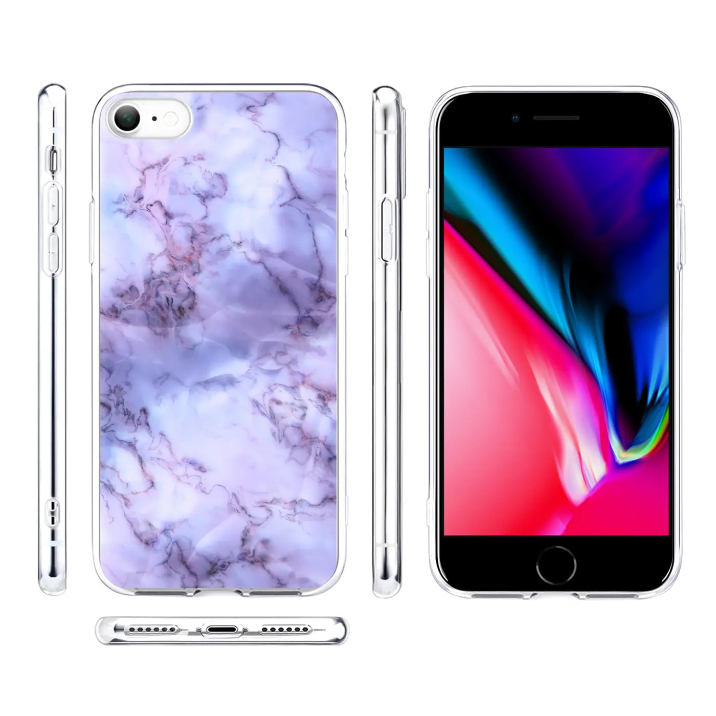 Transparente TPU-Hülle mit lila-weißem Marmormuster für iPhone 7/8/SE 2/SE 3, Ansichten von Rückseite, Seiten und.