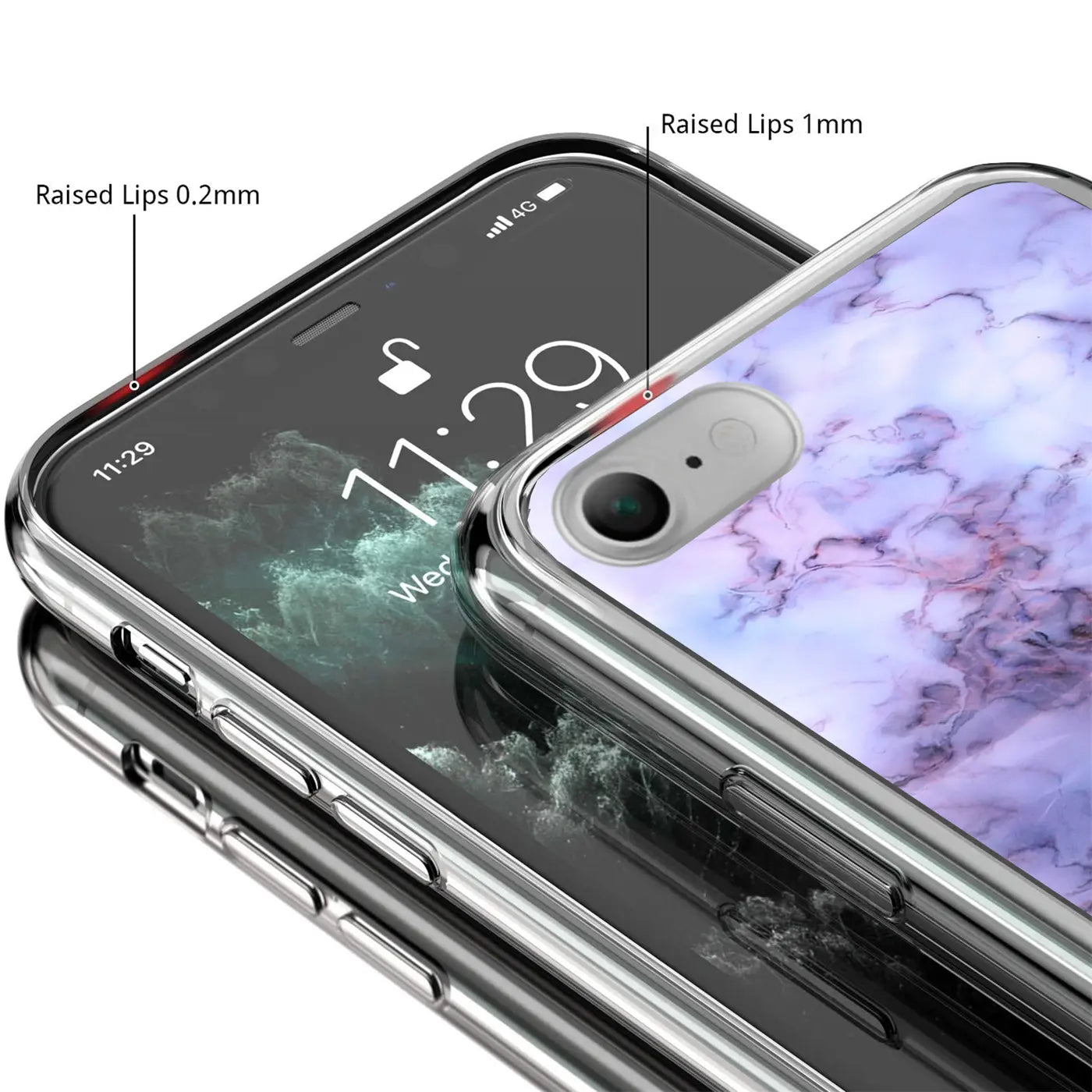 Nahaufnahme einer transparenten TPU-Hülle mit lila Marmormuster auf einem iPhone 7/8/SE 2/SE 3.