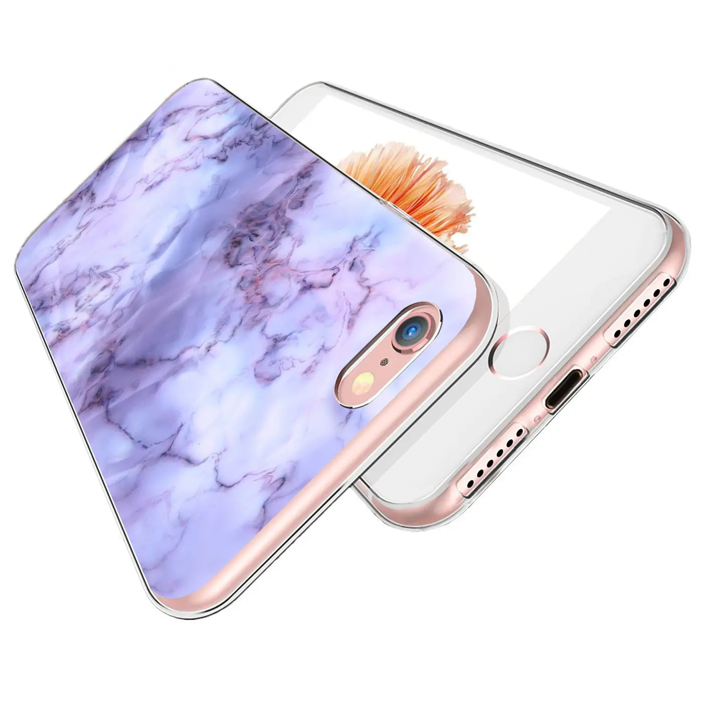 iPhone 7/8/SE 2/SE 3 mit transparenter TPU-Hülle, lila Marmor-Motiv, schräg von oben.