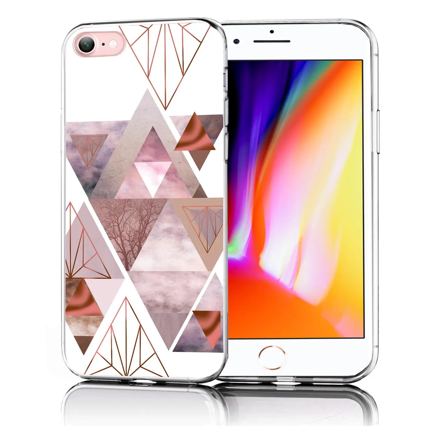 iPhone 7/8/SE 2/SE 3 in transparenter TPU-Hülle mit roségold-farbenem Dreiecksmuster, schräg von oben.