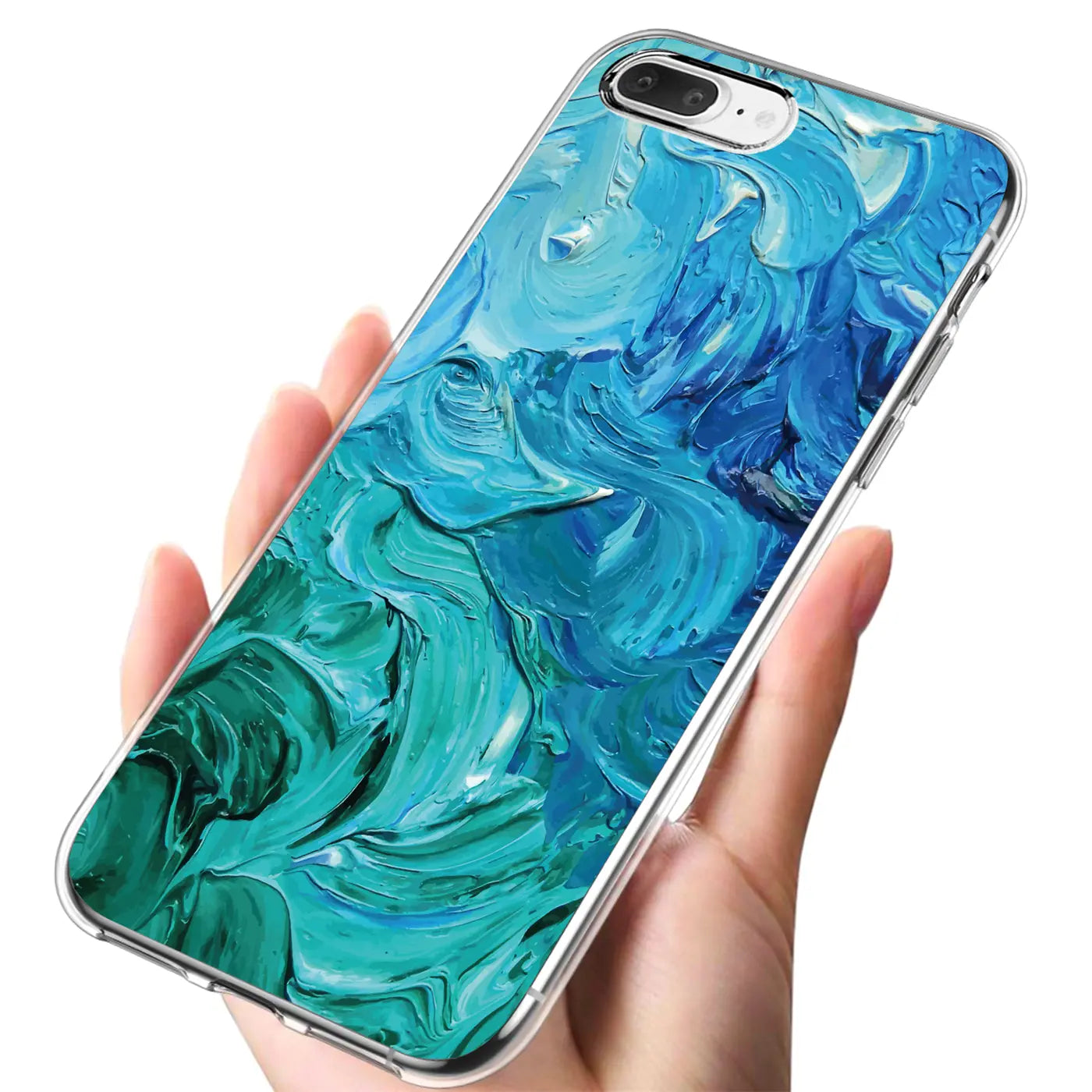 TPU Hülle mit blau-grünem Farbmuster, iPhone 7 Plus/8 Plus, von oben betrachtet.