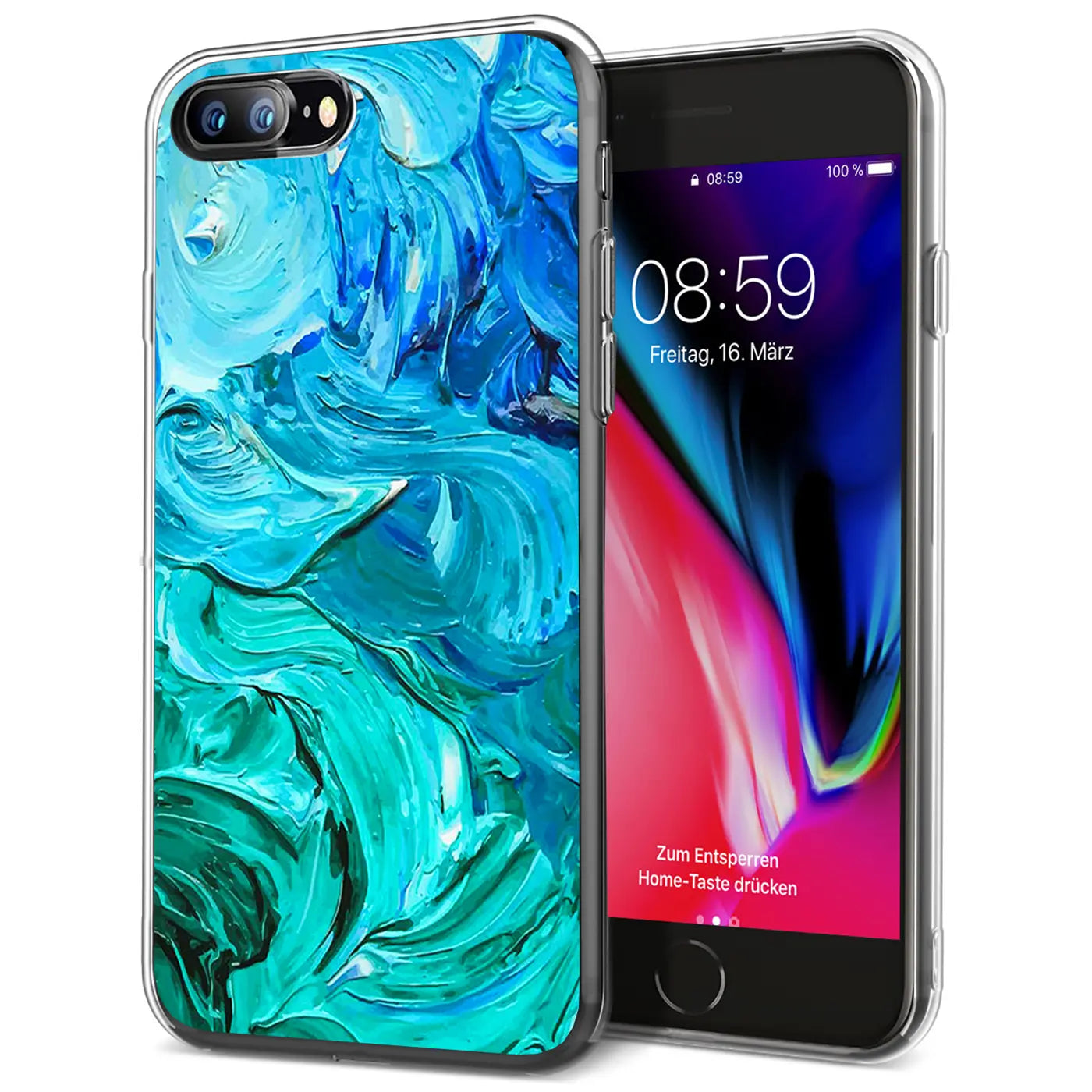 iPhone 7 Plus/8 Plus Hülle, TPU, blaue/grüne abstrakte Malerei, Vorderansicht