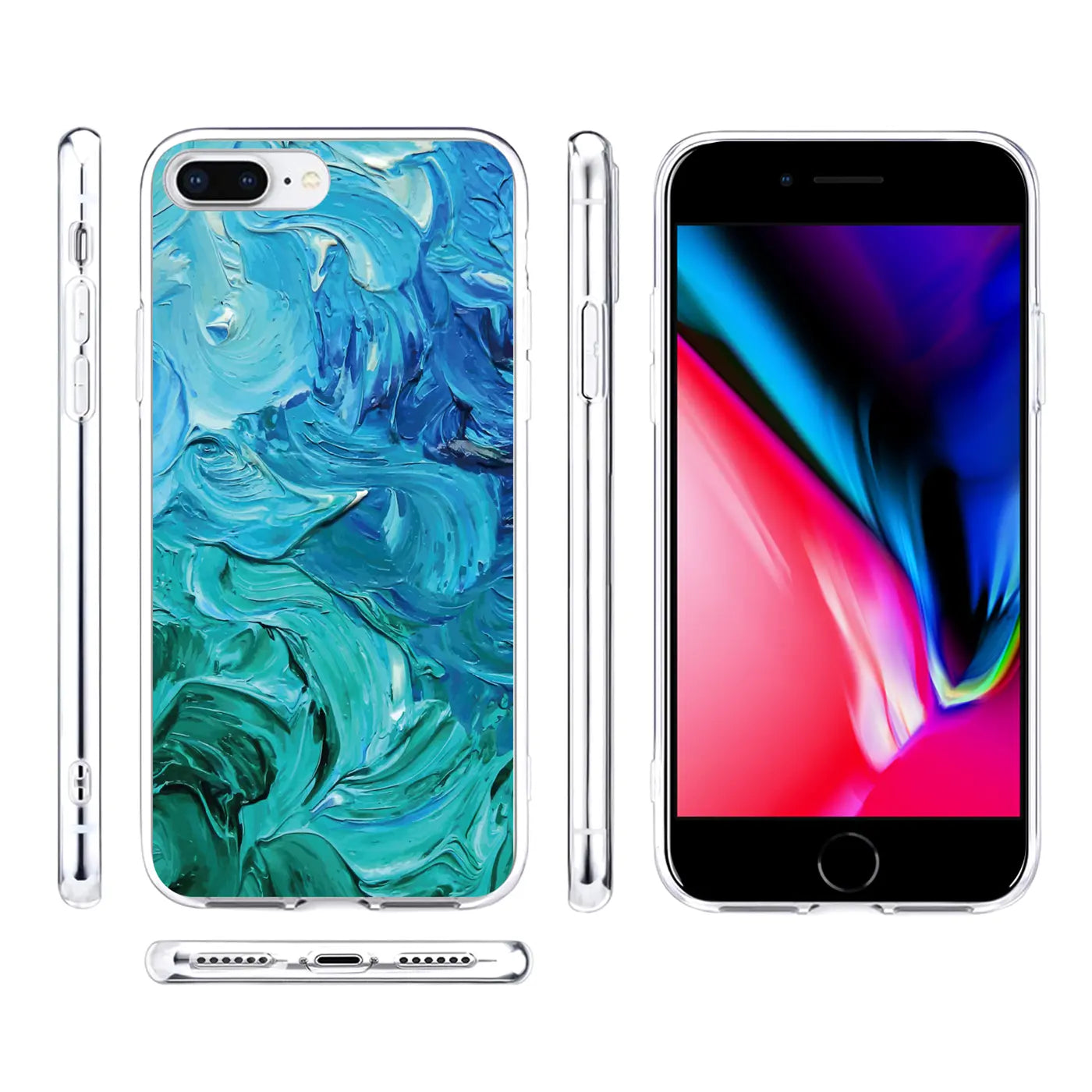 iPhone 7 Plus / 8 Plus Hülle, transparentes TPU, Motivdruck, verschiedene Ansichten