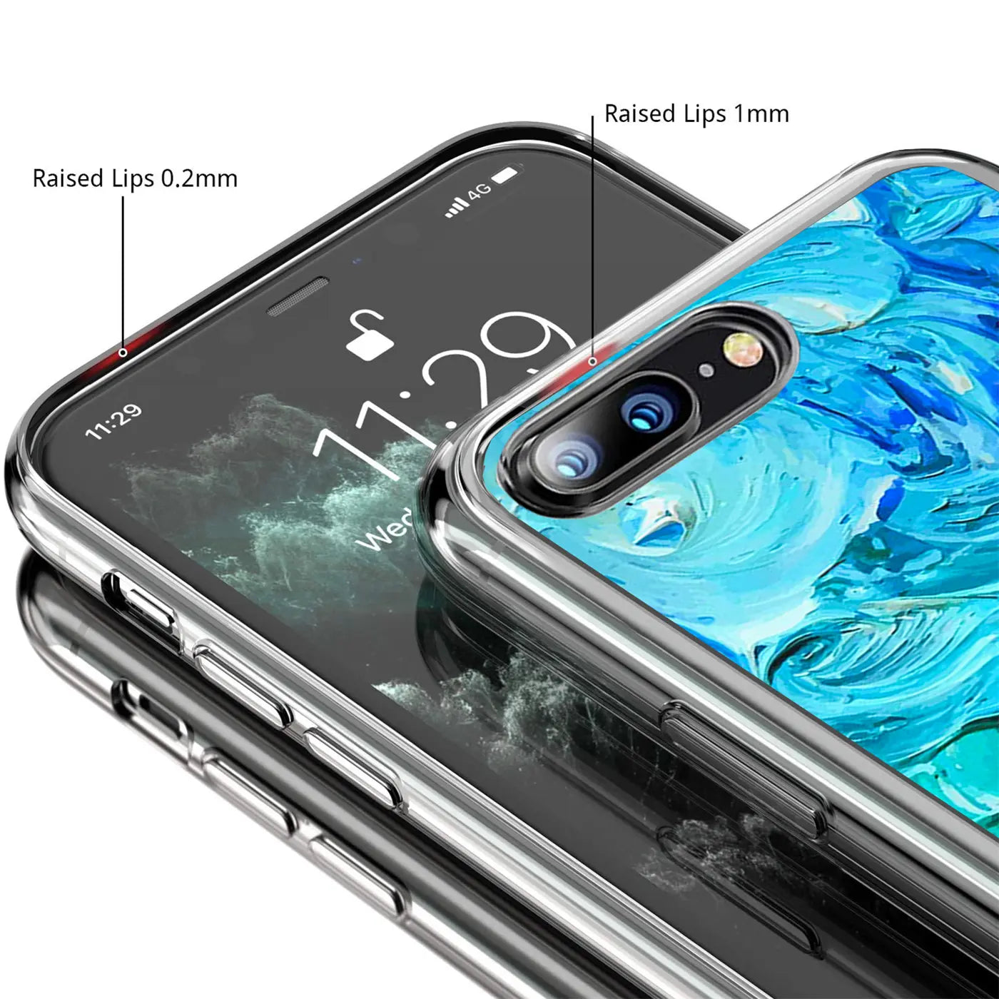 Klarer TPU-Schutz für iPhone 7/8 Plus mit blauem Motiv, von oben rechts gezeigt.
