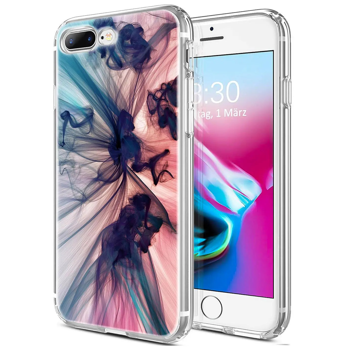 iPhone 7 Plus / 8 Plus Hülle aus TPU mit Rauch-Motiv, von vorne links gesehen.