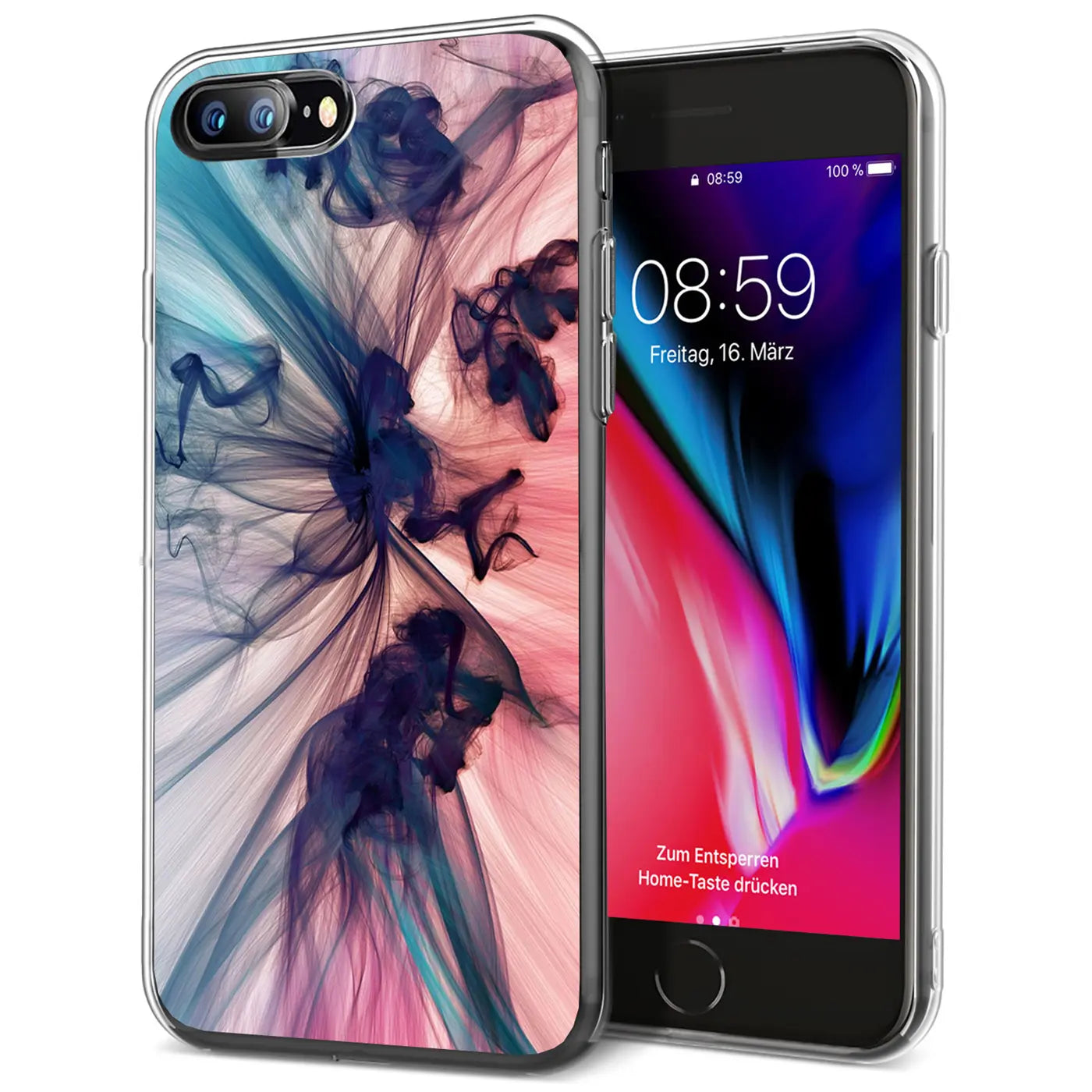 iPhone 7 Plus/8 Plus Hülle aus TPU mit Rauchmuster, Vorder- und Rückansicht.