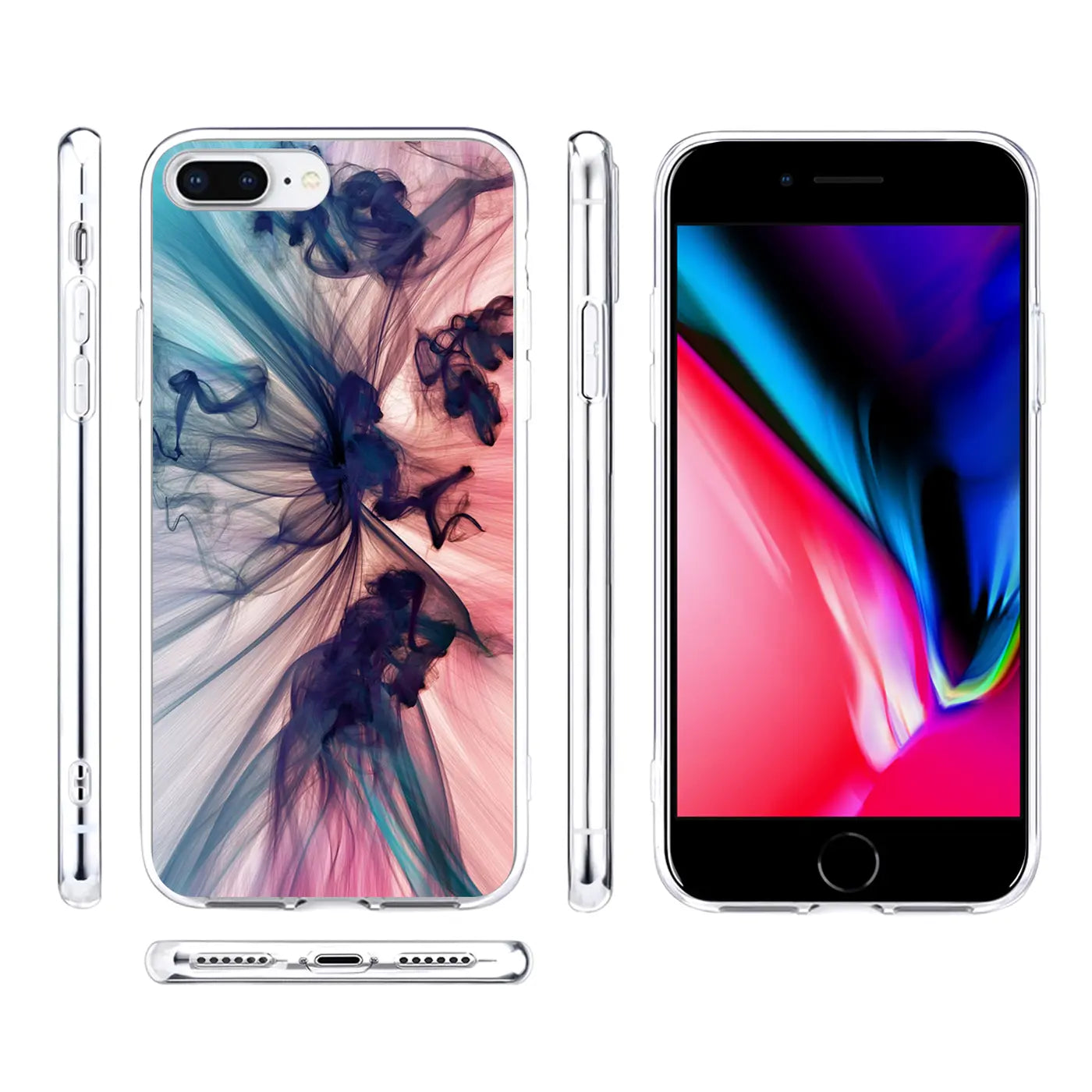 iPhone 7 Plus/8 Plus Hülle, transparentes TPU, Motivdruck, verschiedene Ansichten