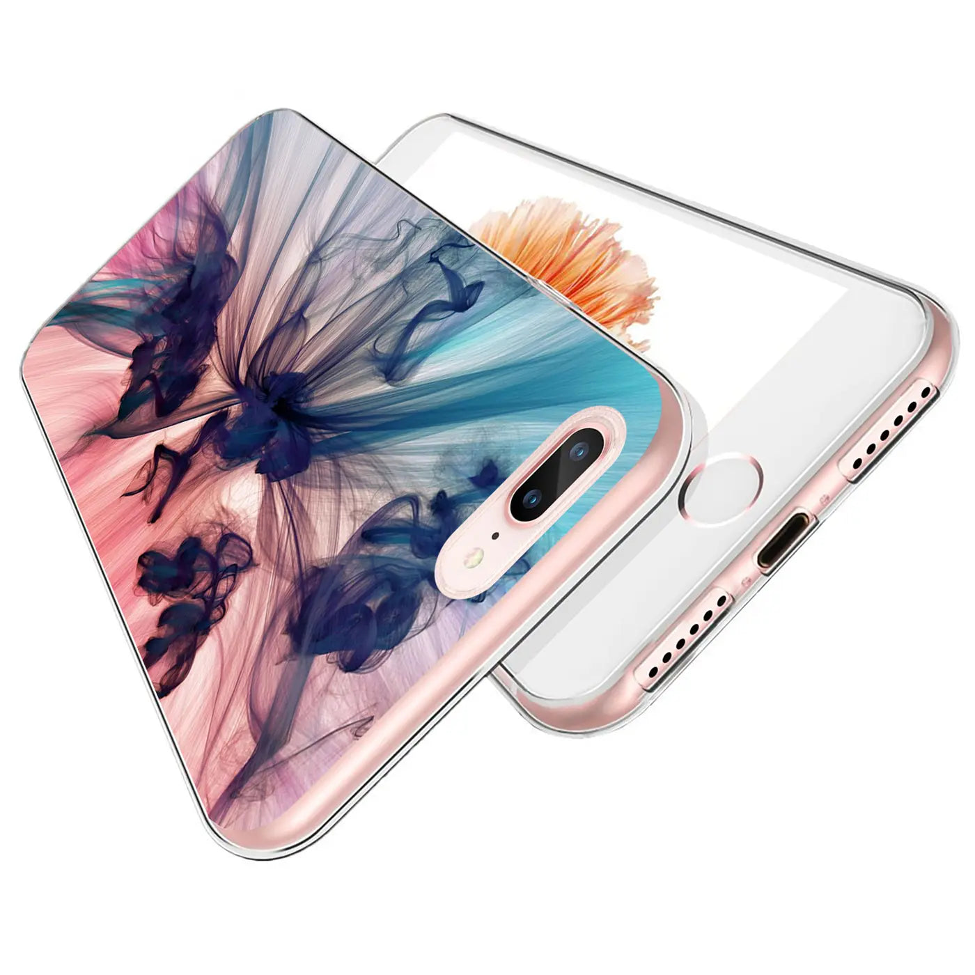 TPU Hülle mit abstraktem Druck auf iPhone 7 Plus/8 Plus, von schräg oben gesehen.