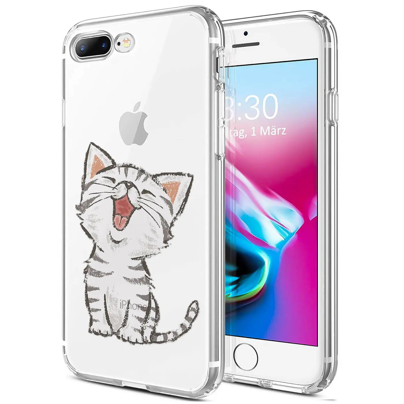 Transparente TPU-Hülle mit Katzenmotiv für iPhone 7/8 Plus, von vorne schräg gezeigt.