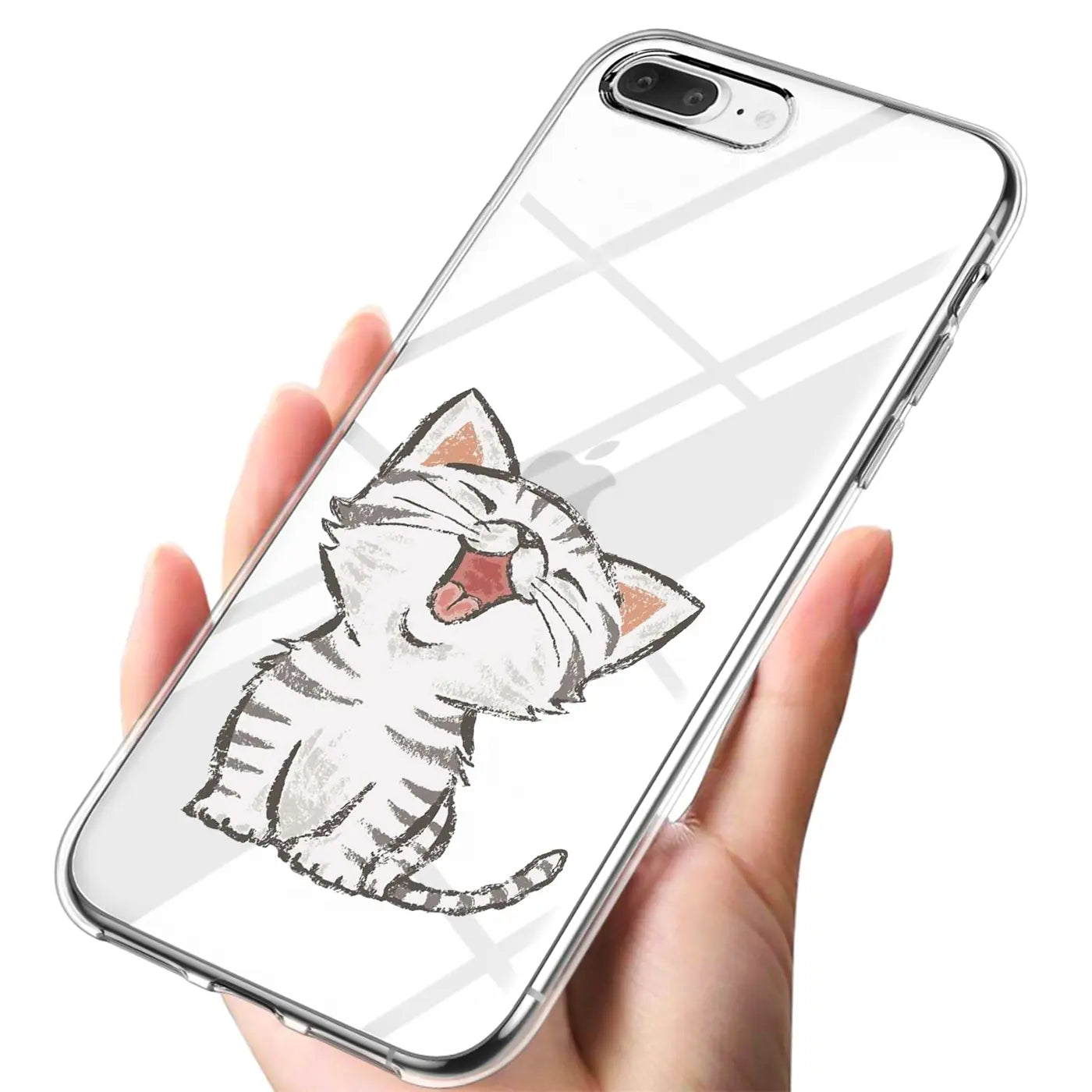 Transparente TPU-Hülle mit Katzenmotiv auf einem iPhone 7 Plus/8 Plus, von vorne schräg gehalten.