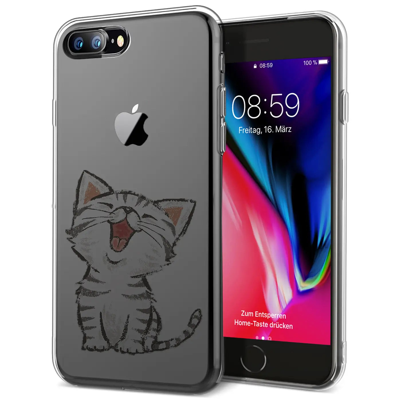 iPhone 7 Plus/8 Plus Hülle aus transparentem TPU mit Katzenmotiv. Von schräg vorne.