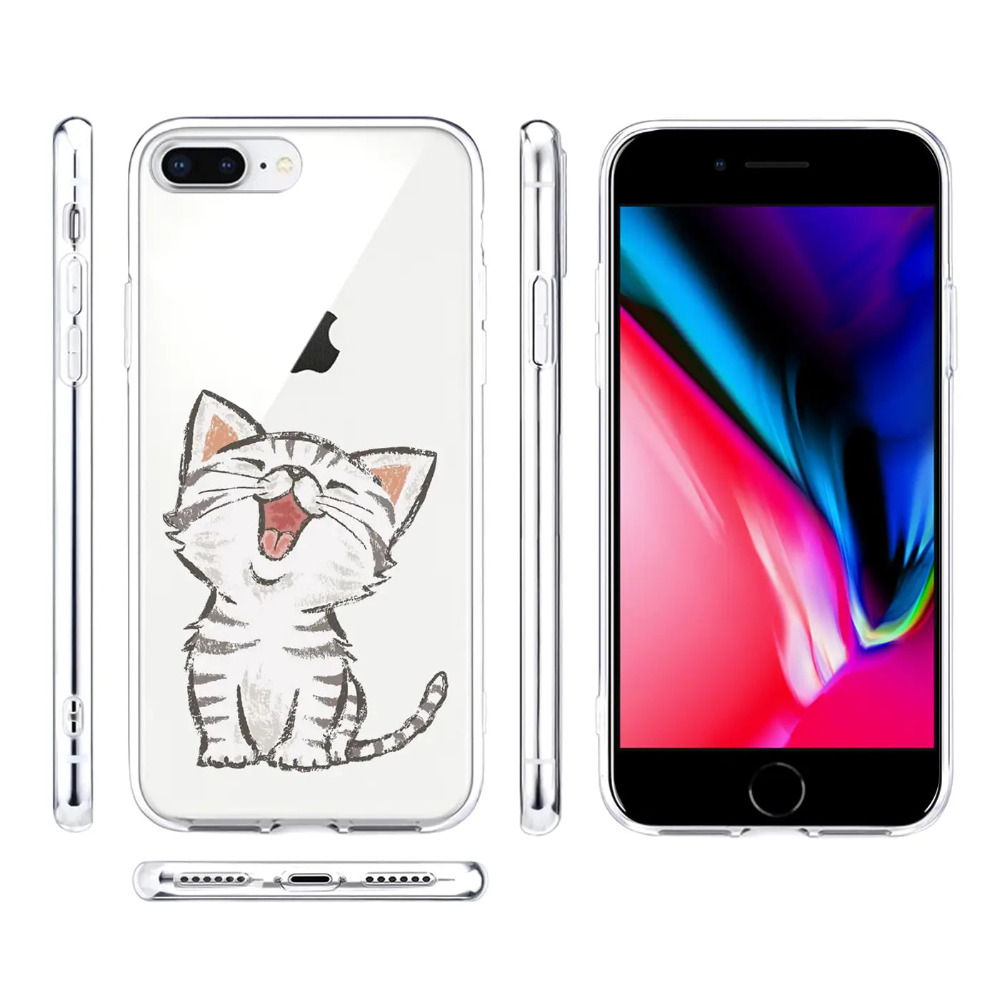 Transparente TPU-Hülle mit Katzenmotiv für iPhone 7/8 Plus, Seitenansichten und Vorderseite.