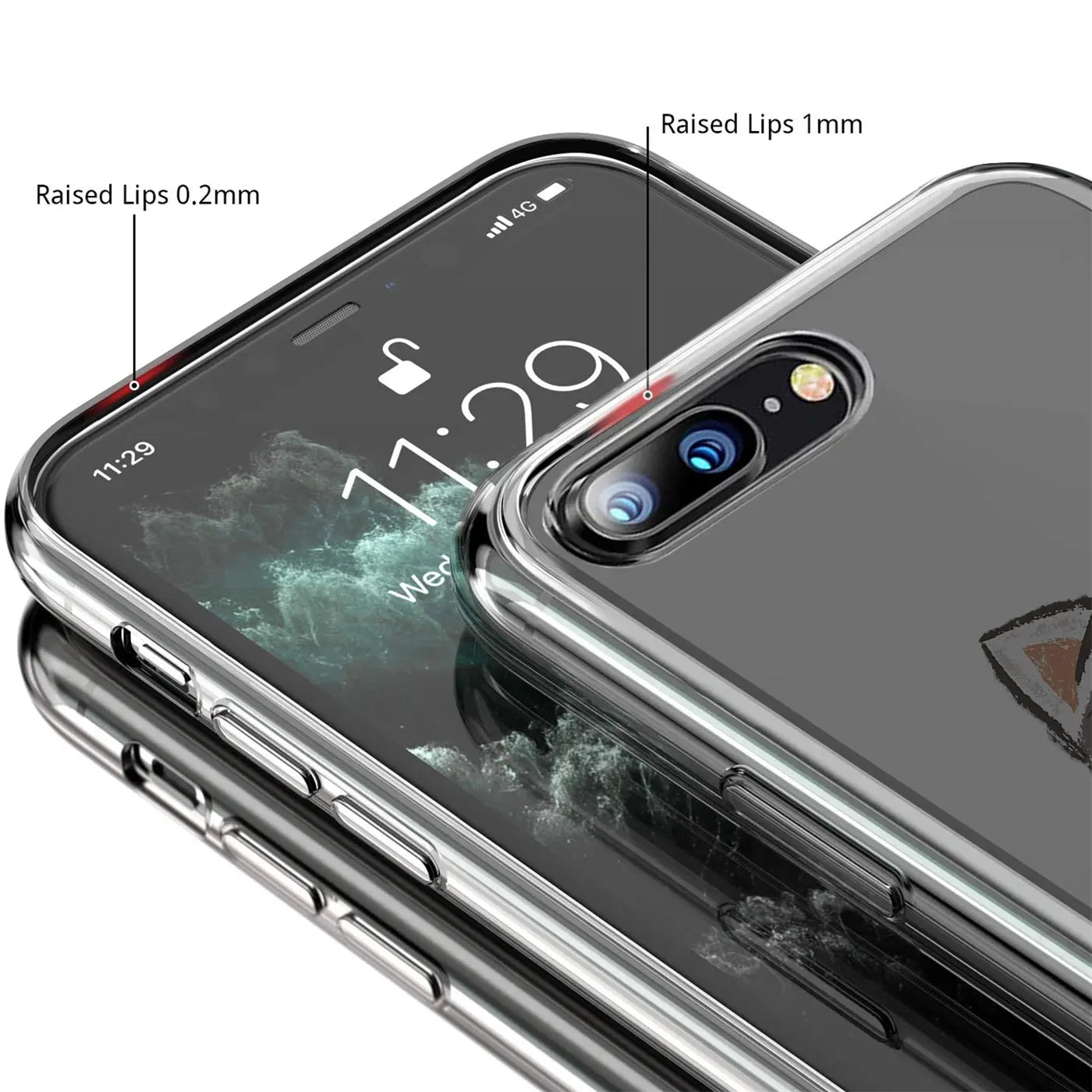 Transparente TPU-Hülle auf iPhone 7 Plus/8 Plus, Nahaufnahme, Seitenansicht.