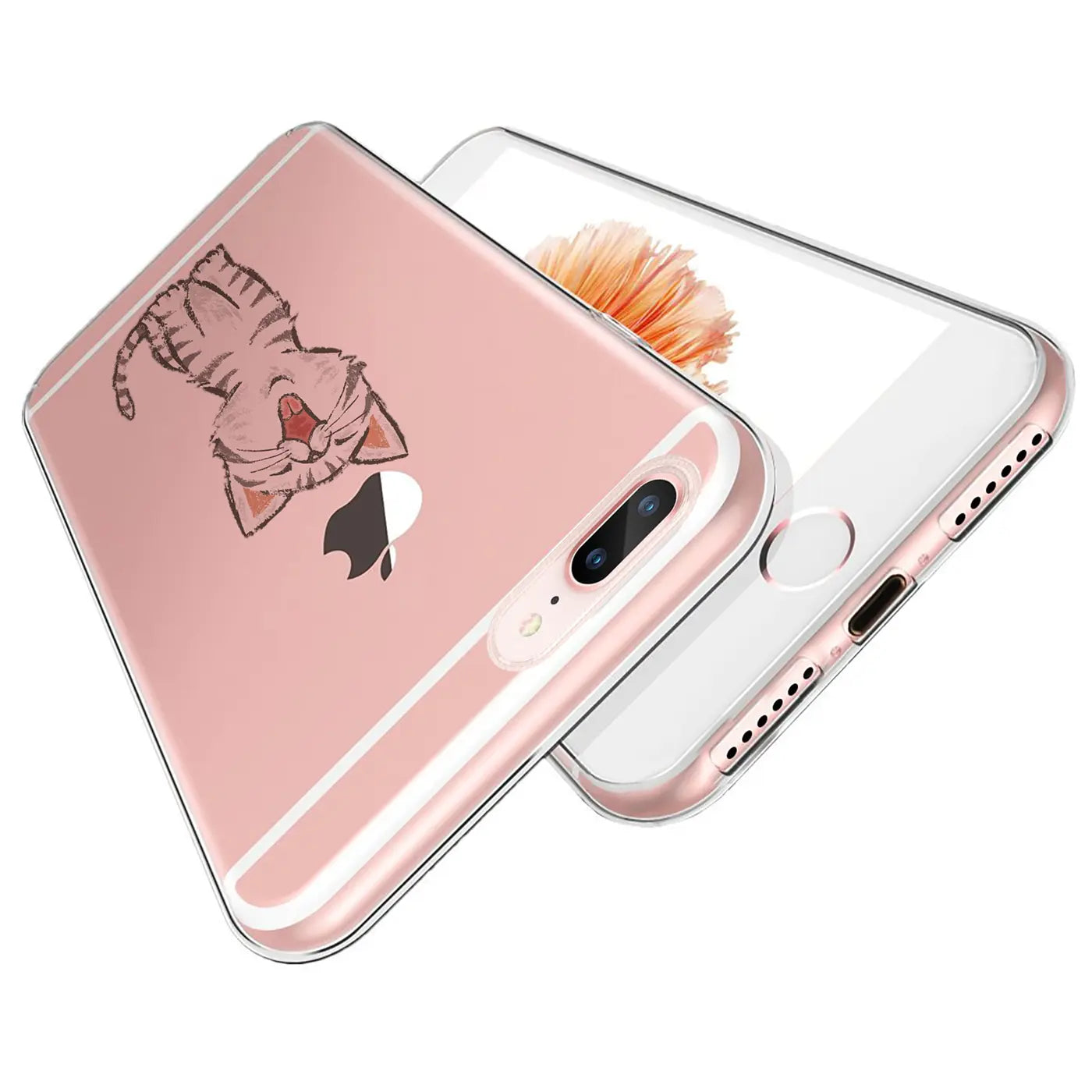 Transparente TPU-Hülle mit Katzenmotiv auf einem roségoldenen iPhone 7 Plus/8 Plus, von schräg oben