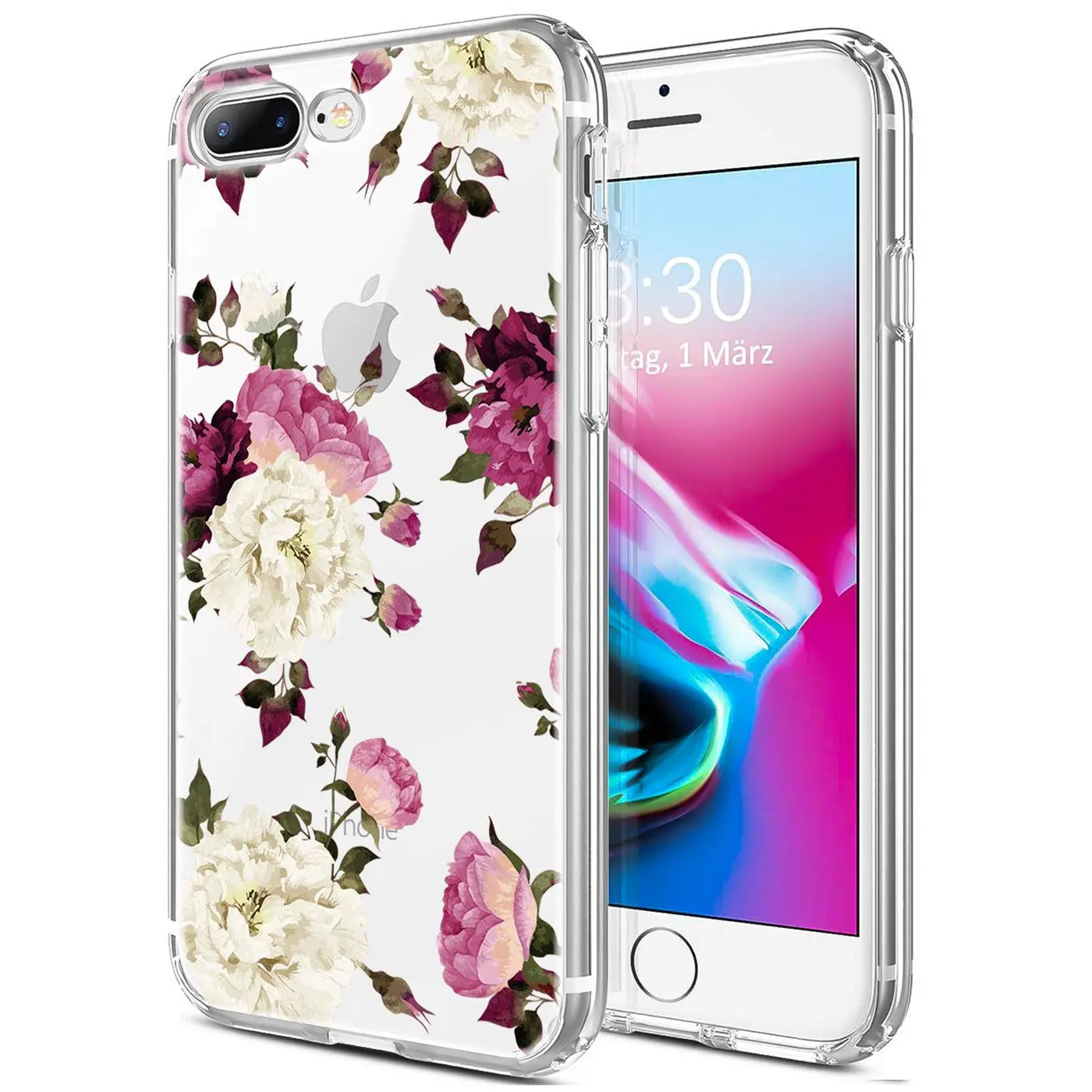 Transparente TPU-Hülle mit Blumenmuster für iPhone 7 Plus/8 Plus, von vorne, Nahaufnahme.