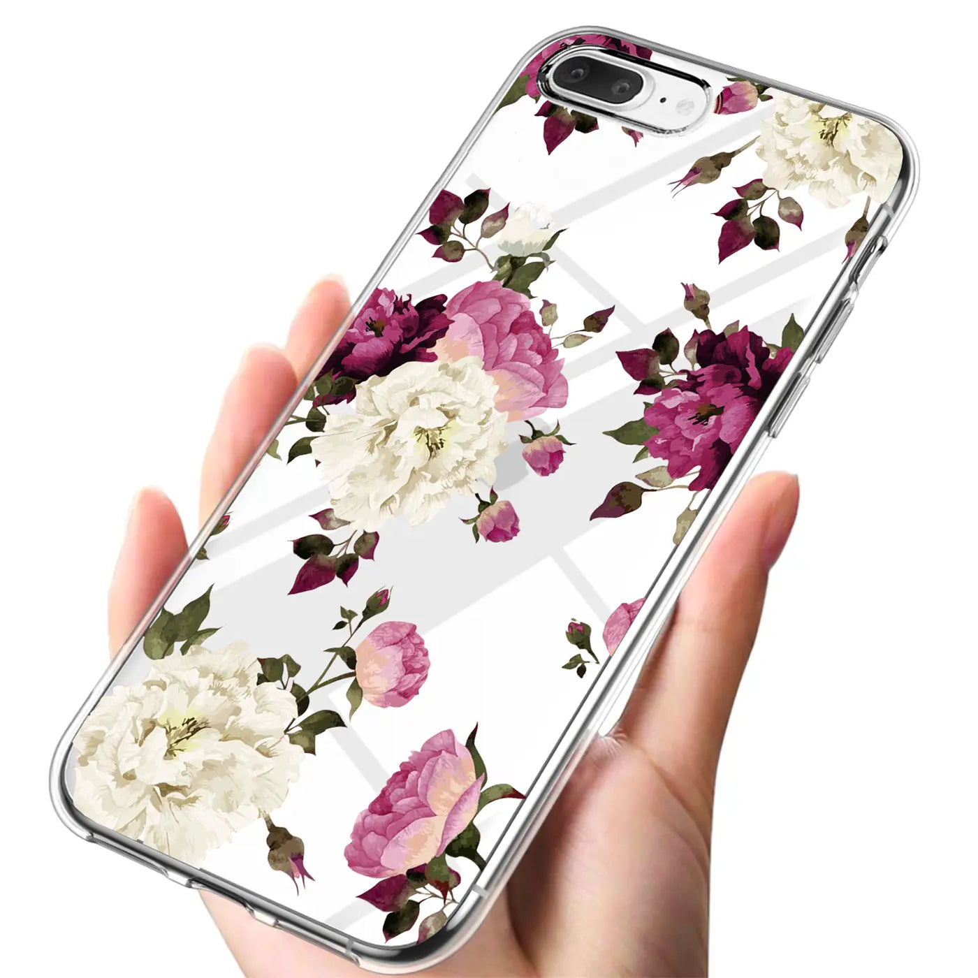iPhone 7 Plus/8 Plus Hülle aus transparentem TPU mit Blumenmuster, von vorne links gezeigt.