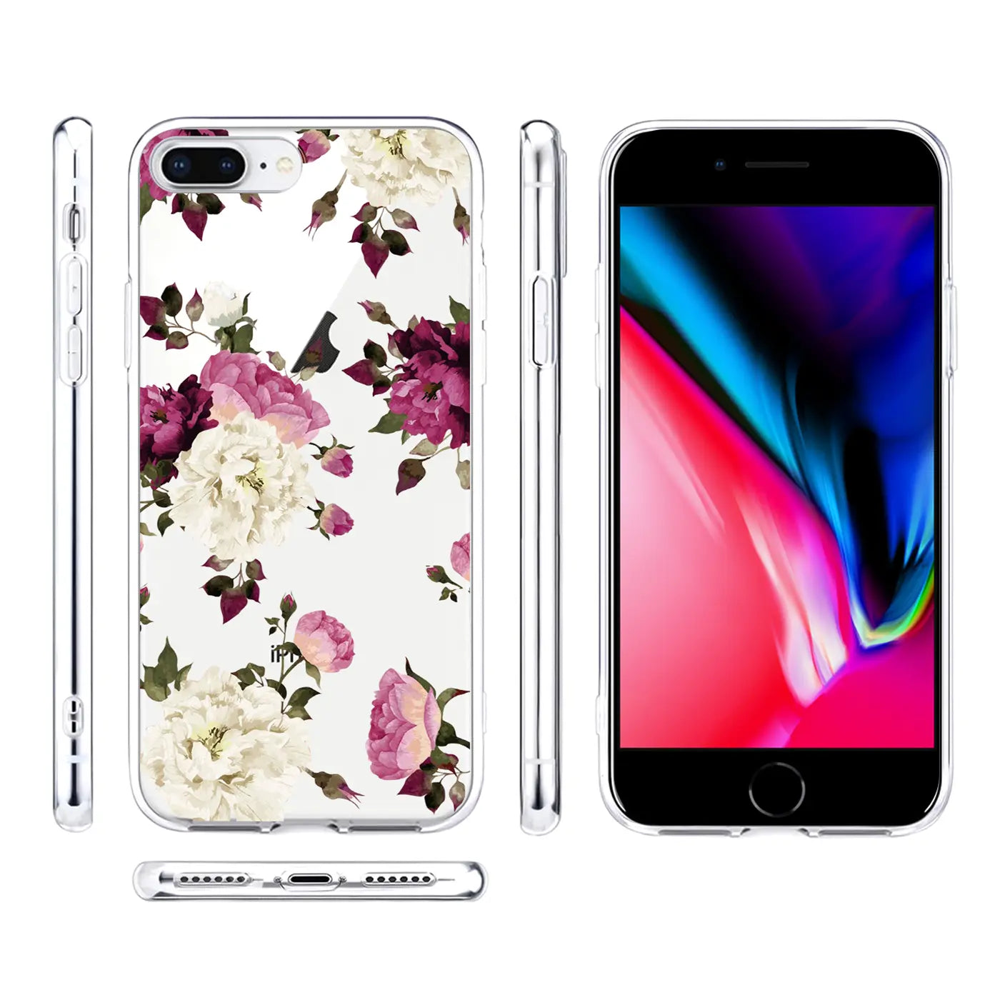 Transparente TPU-Hülle mit Blumenmuster für iPhone 7 Plus/8 Plus, Vorder- und Seitenansicht.