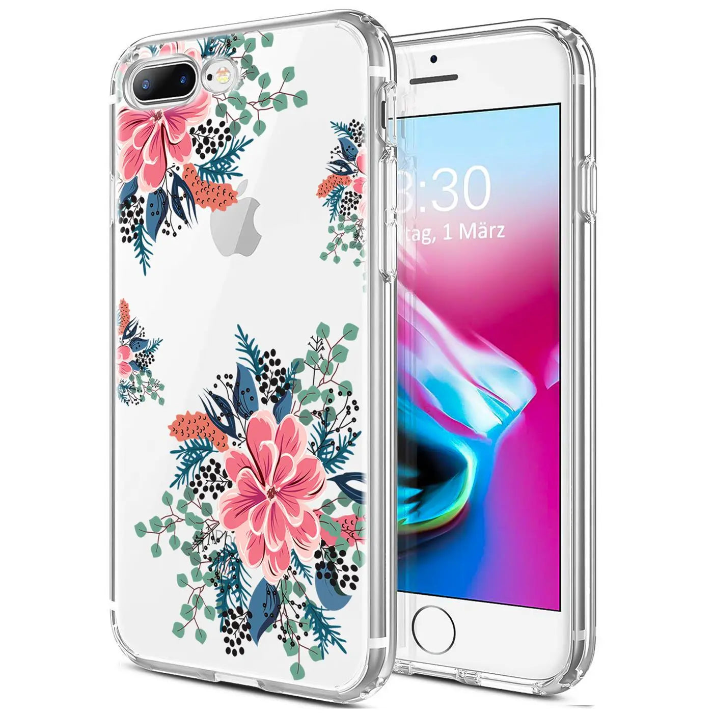 iPhone 7 Plus/8 Plus Hülle aus transparentem TPU mit Blumenmotiv, Vorderansicht.