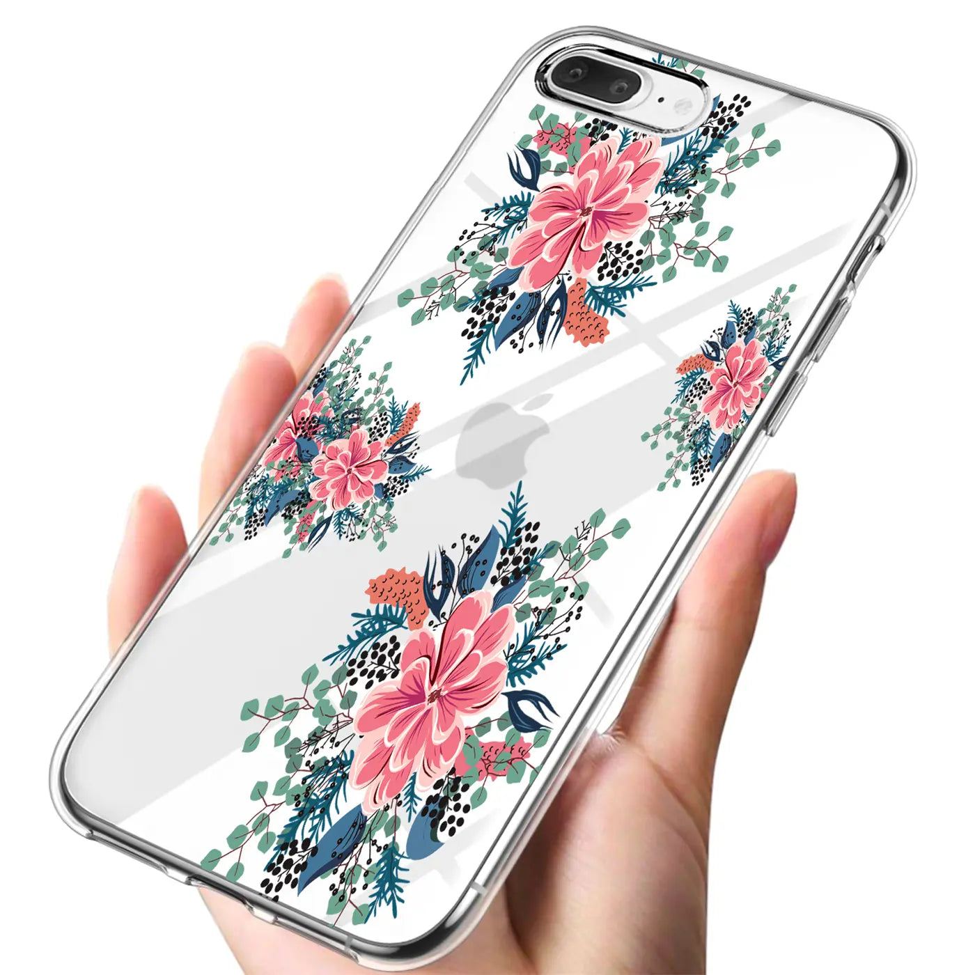 Transparente TPU-Hülle mit Blumenmuster für iPhone 7 Plus/8 Plus, von oben schräg gezeigt.