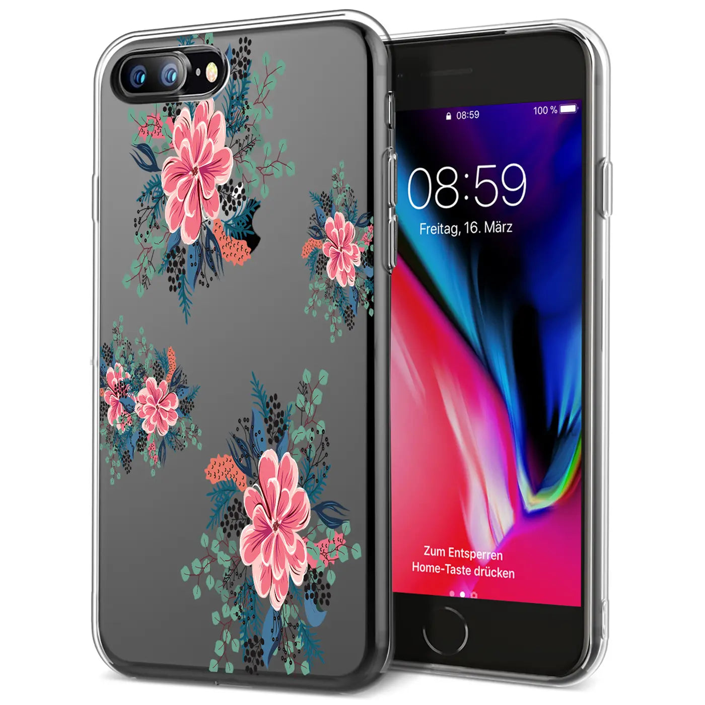 iPhone 7 Plus/8 Plus Hülle, transparentes TPU, Blumenmuster, Vorderansicht.